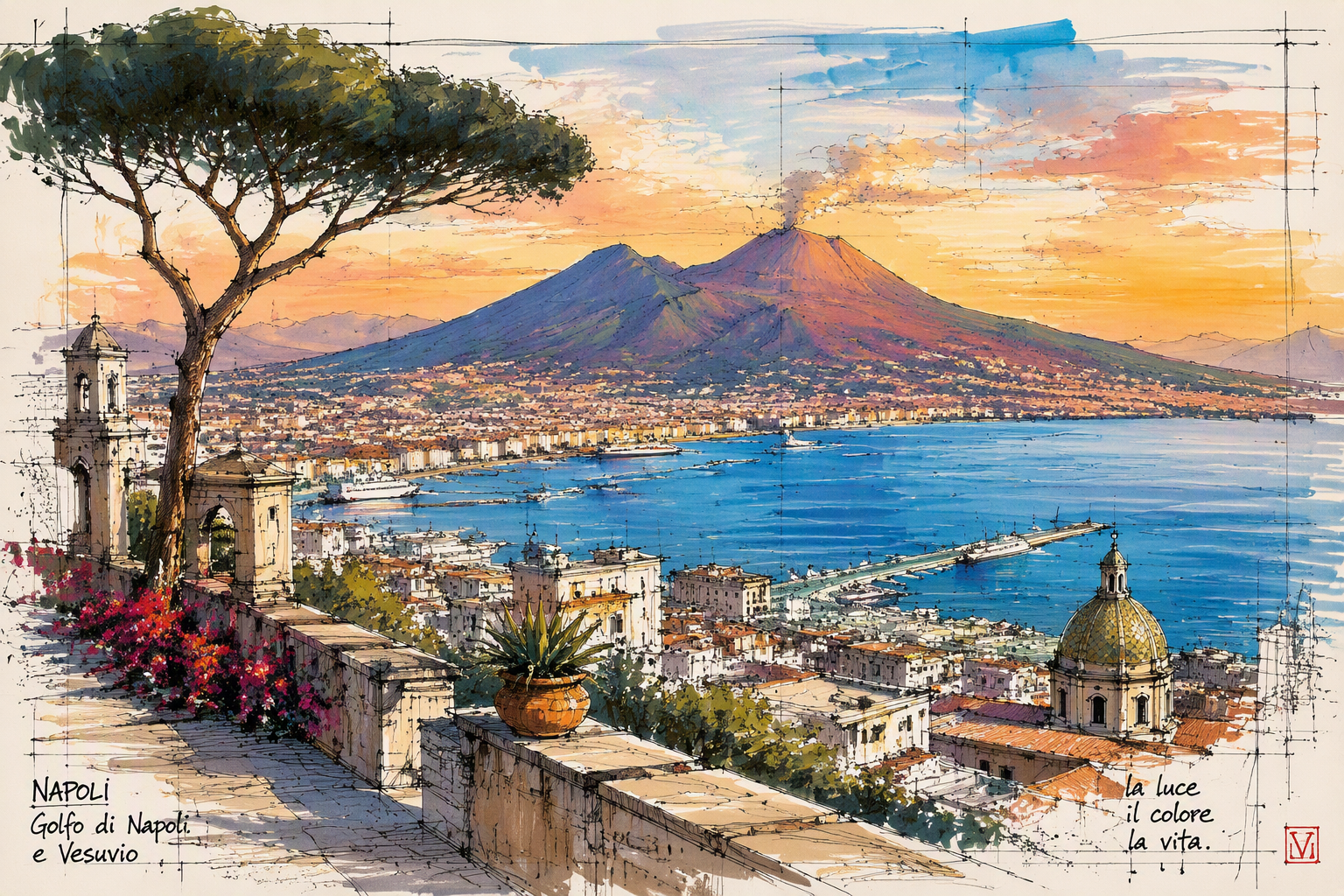 Vesuvius-tulivuori Napolinlahden yllä auringonlaskun aikaan Vesuvius-tulivuori Napolinlahden yllä auringonlaskun aikaan