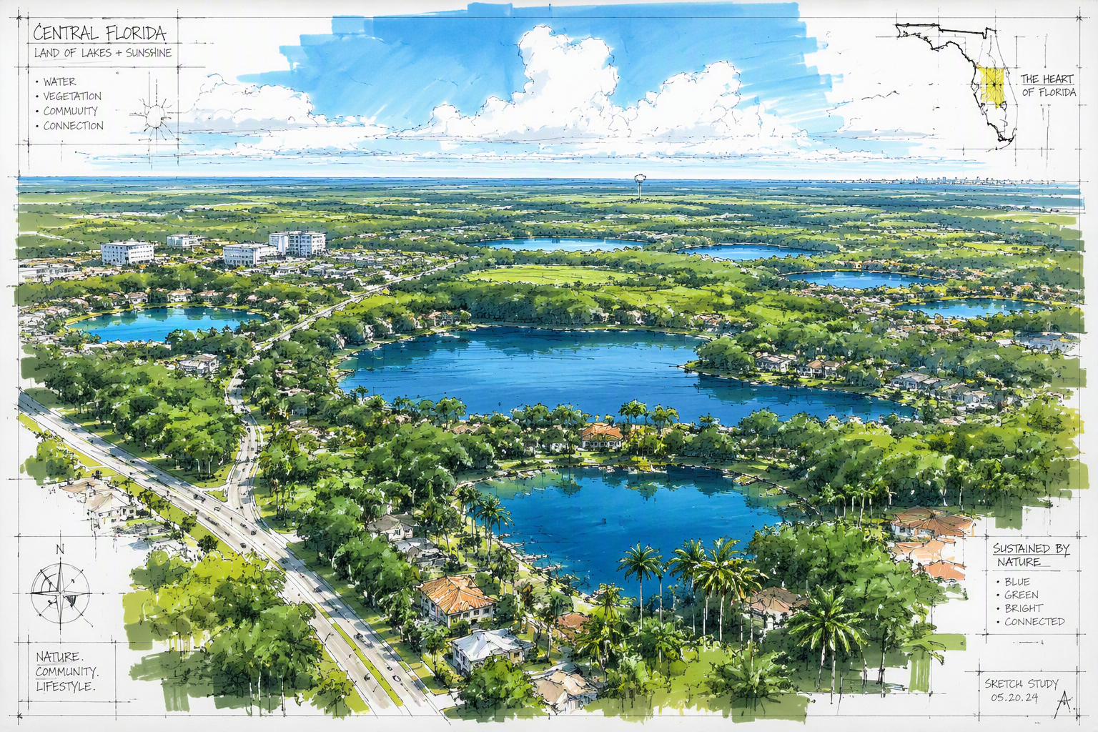 Vehreä Keski-Floridan järvimaisema ilmasta katsottuna