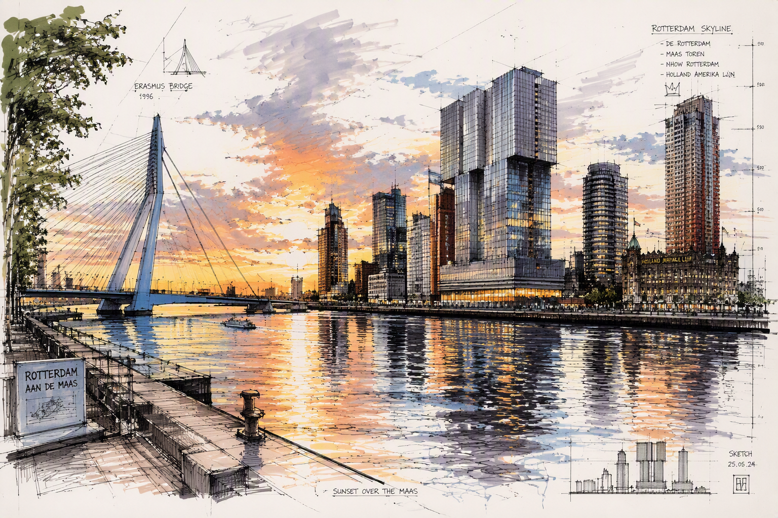 Rotterdamin moderni kaupunkimaisema ja joki auringonlaskun aikaan