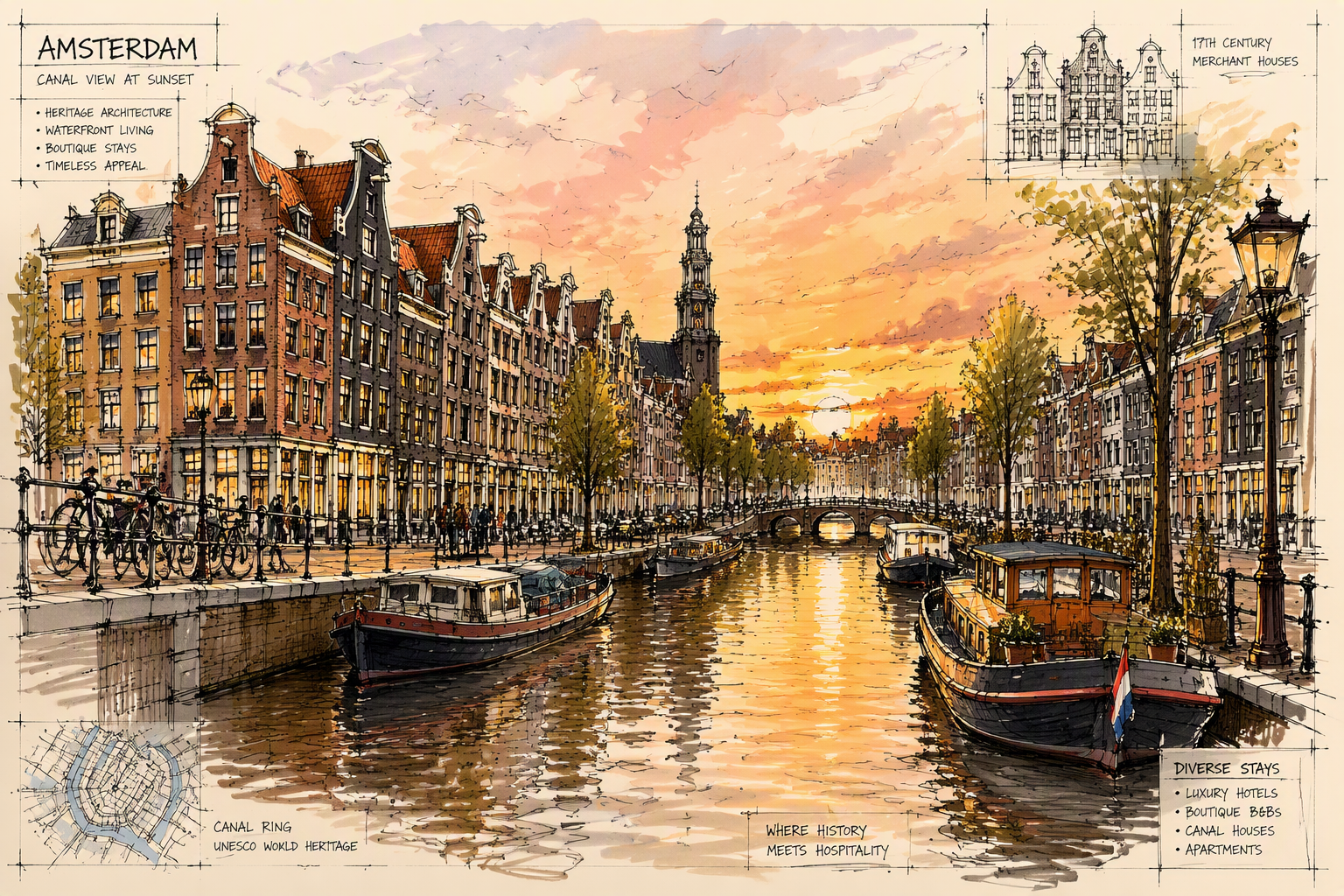 Historialliset kanavatalot ja veneet Amsterdamissa illan hämärtyessä Historialliset kanavatalot ja veneet Amsterdamissa illan hämärtyessä