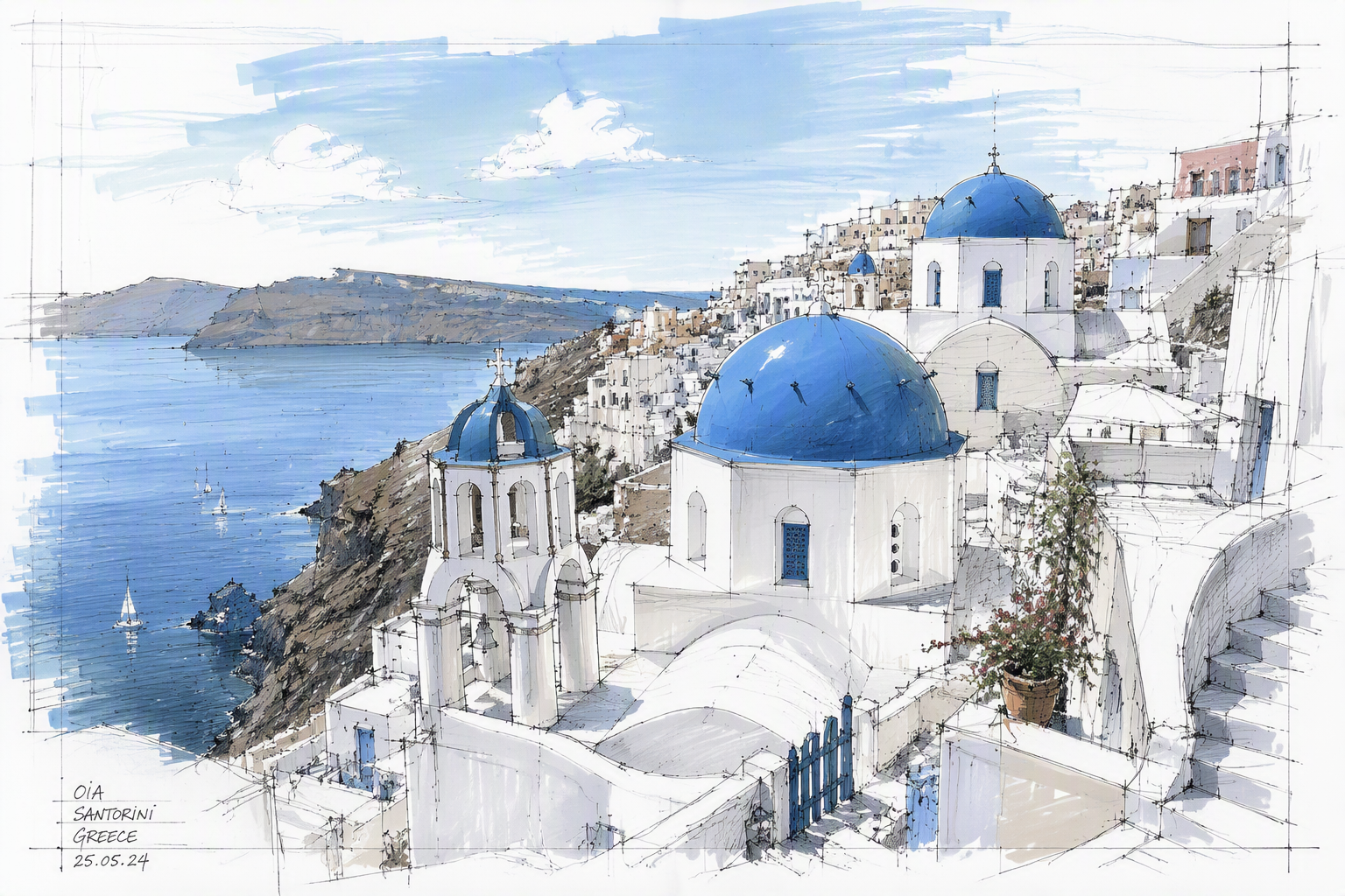 Valkoisia taloja ja sinisiä kupoleita Santorinin saarella Valkoisia taloja ja sinisiä kupoleita Santorinin saarella
