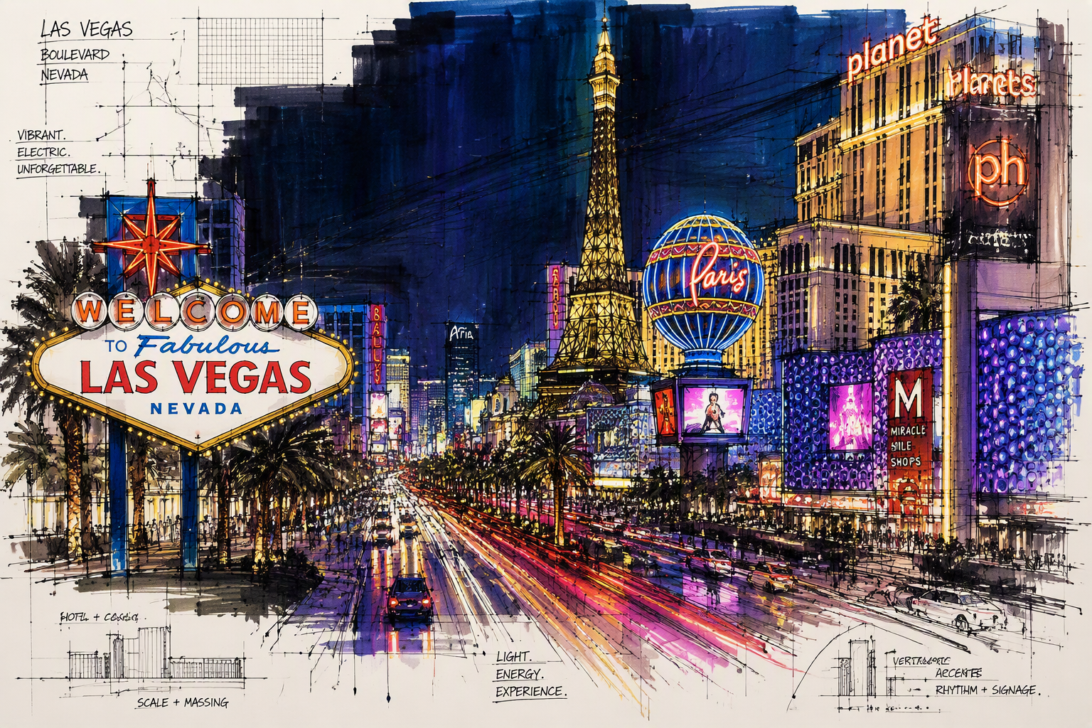 Las Vegasin kuuluisa katu yöaikaan