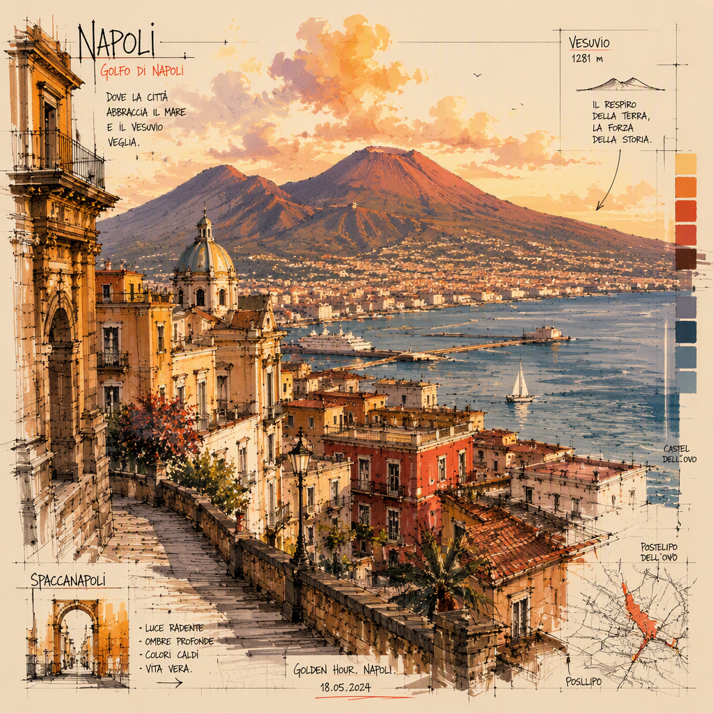 Vesuvius-vuori ja ympäröivä maisema auringonlaskun aikaan