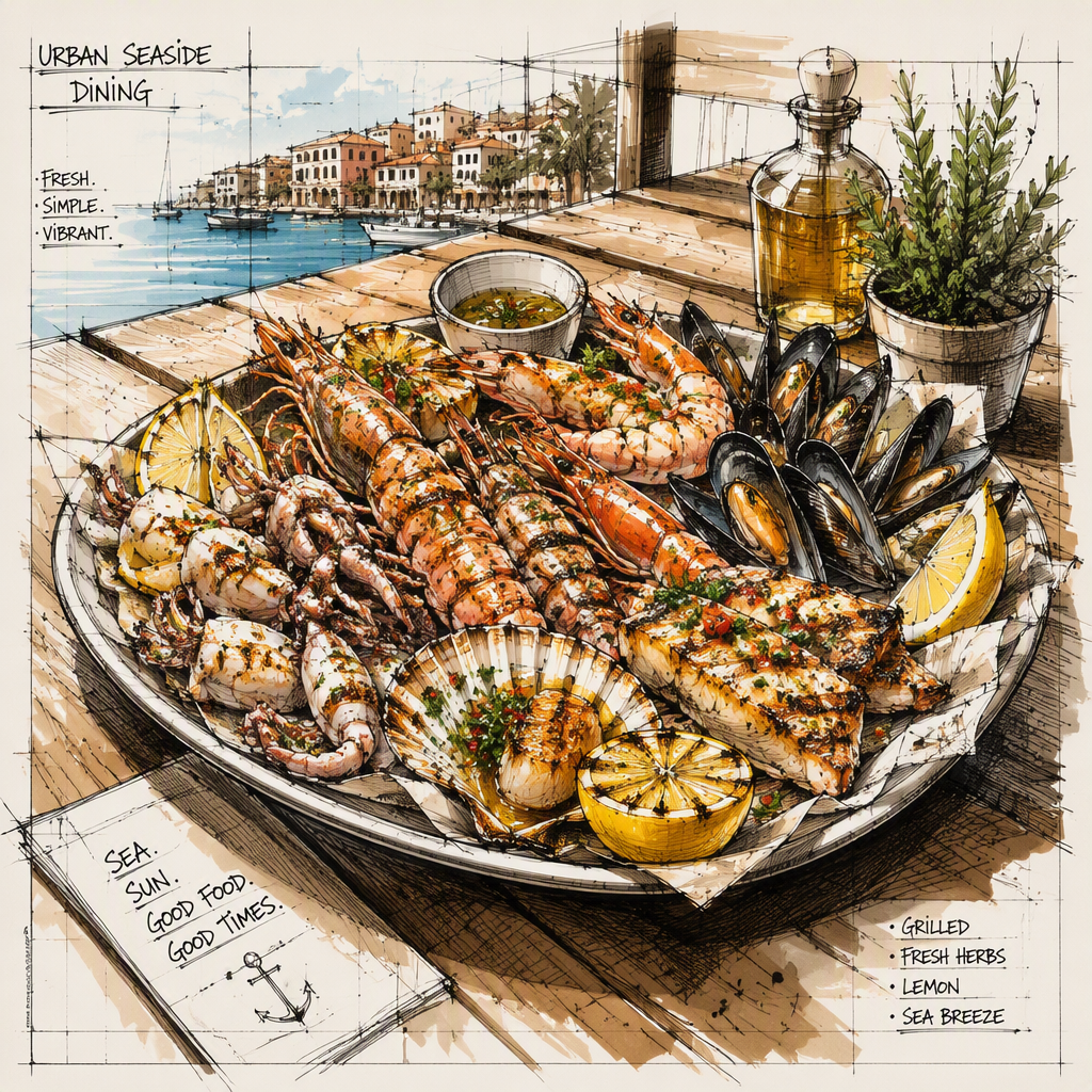 Grillattuja mereneläviä tarjoiltuna lautasella