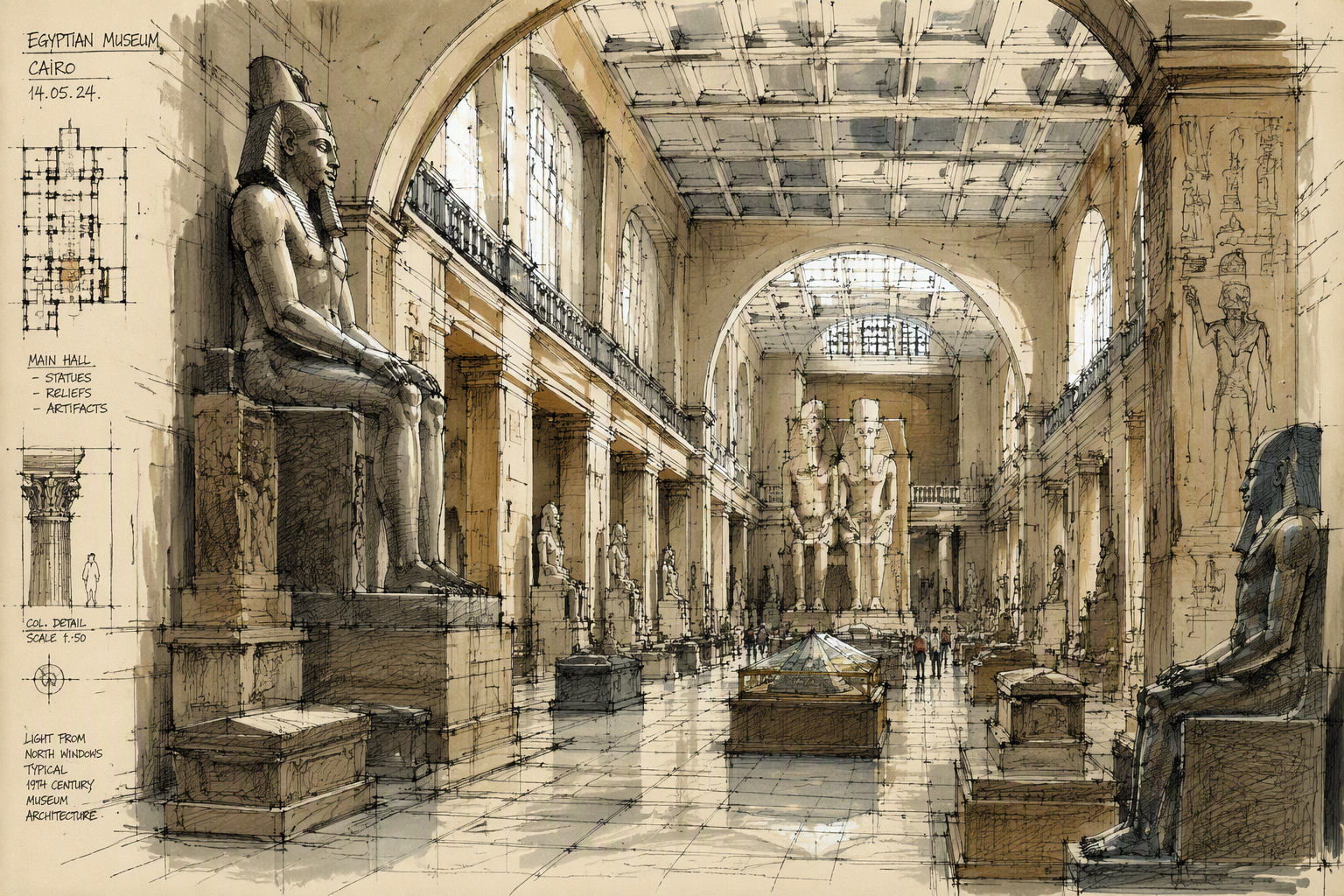 Museo Egizion arvokkaat egyptiläiset patsaat ja esineet