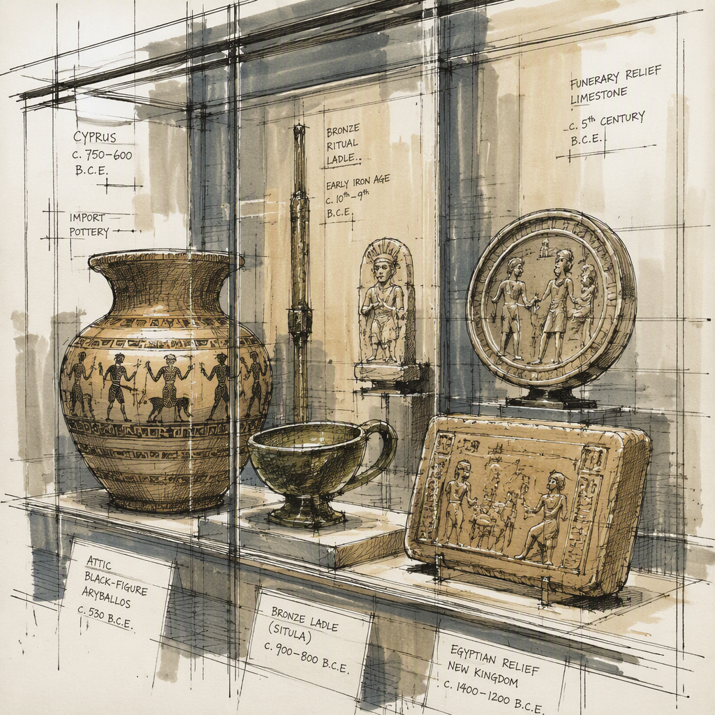 Muinaisia esineitä lasivitriinissä museossa