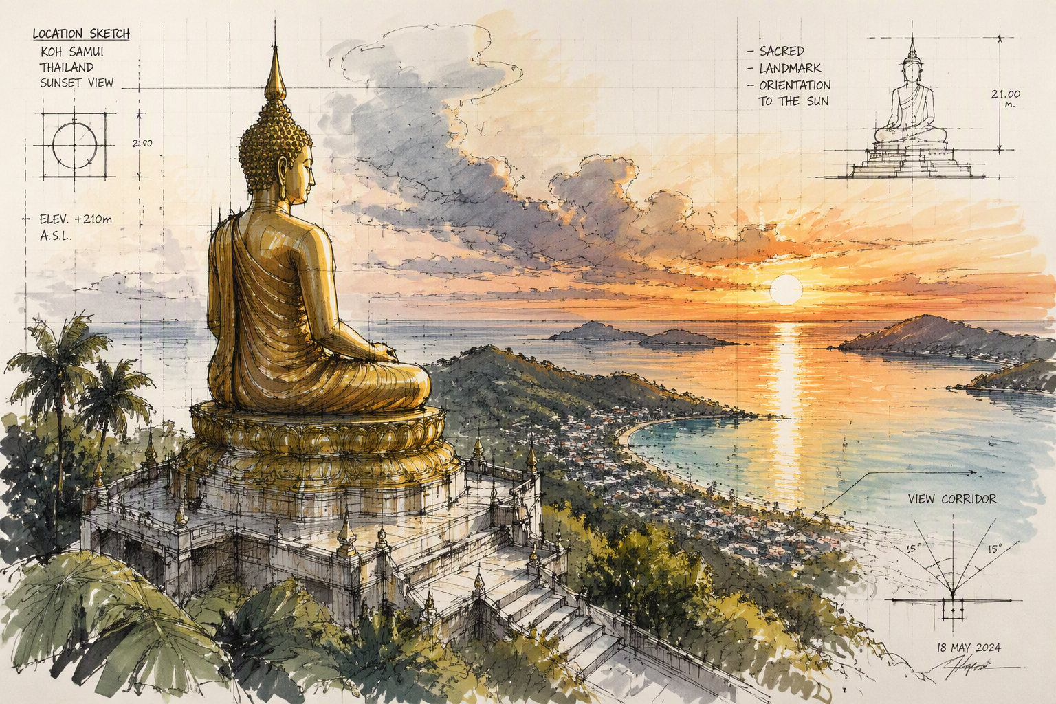Kultainen Buddha-patsas kukkulalla ja näkymä lahdelle