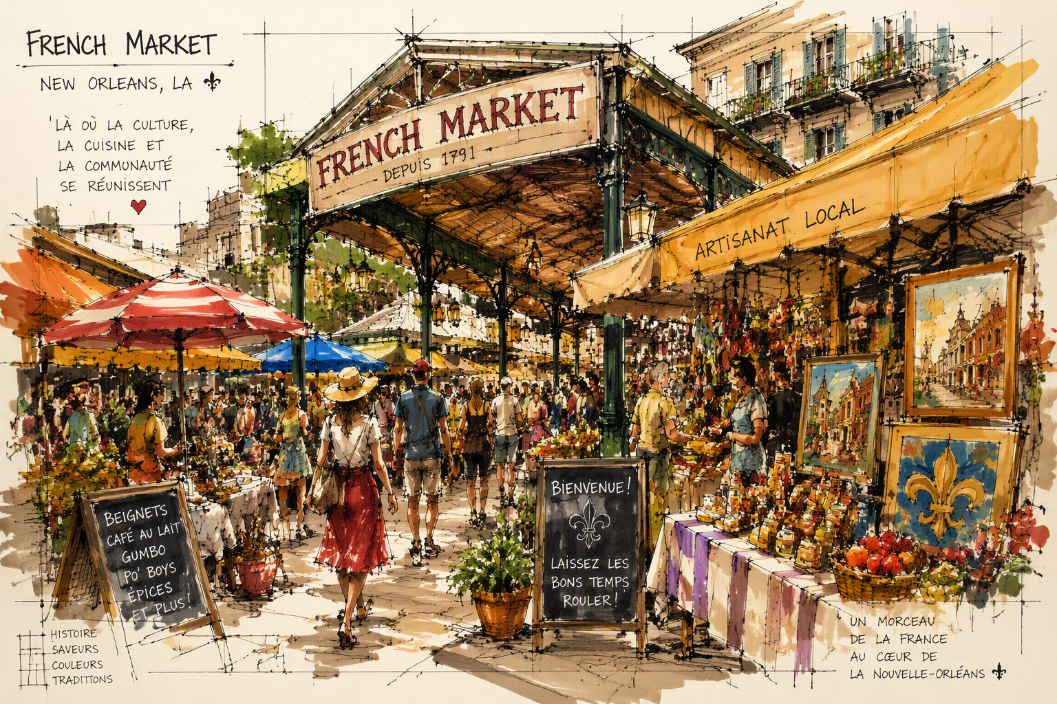 French Market -kauppahallin vilinää ja paikallisia tuotteita