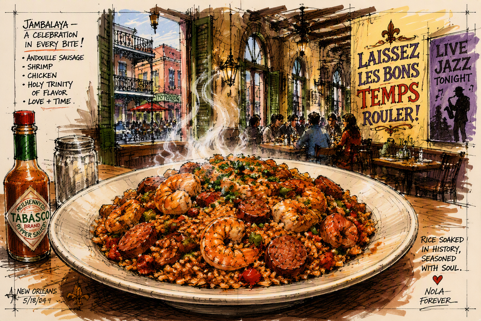 Perinteinen jambalaya-annos tarjoiltuna ravintolassa