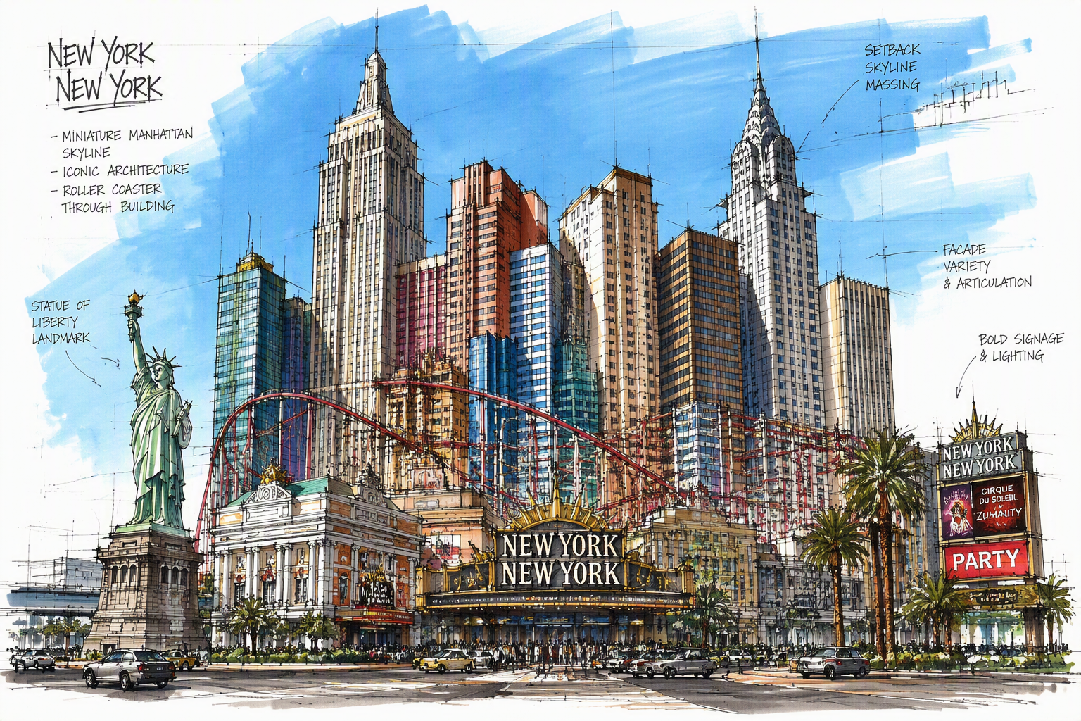 New York-New York -kasinon julkisivu ja arkkitehtuuri