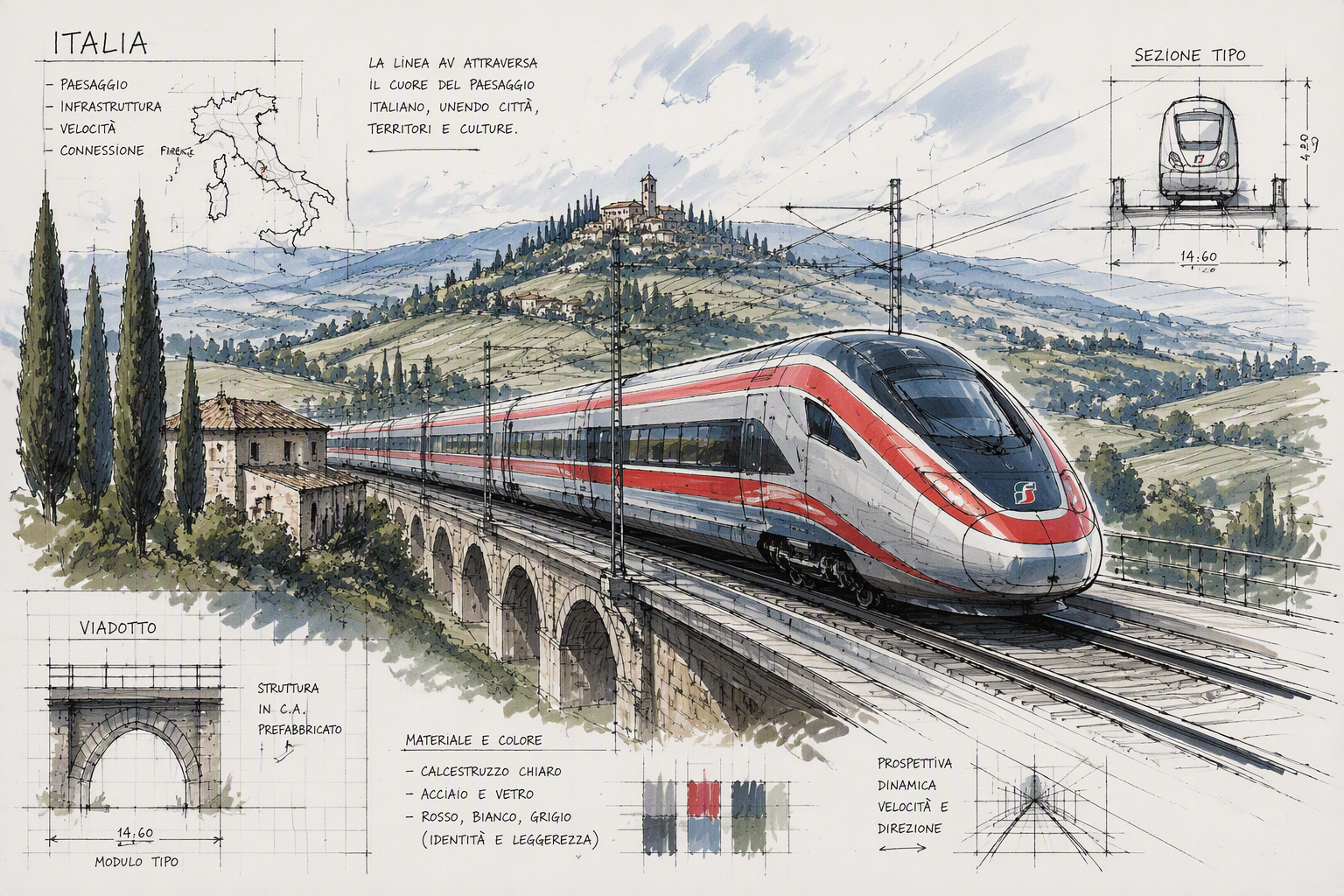 Moderni suurnopeusjuna Italian maaseudulla