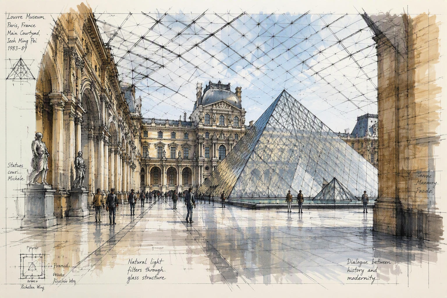Louvre-museon arkkitehtuuri ja lasipyramidi Louvre-museon arkkitehtuuri ja lasipyramidi