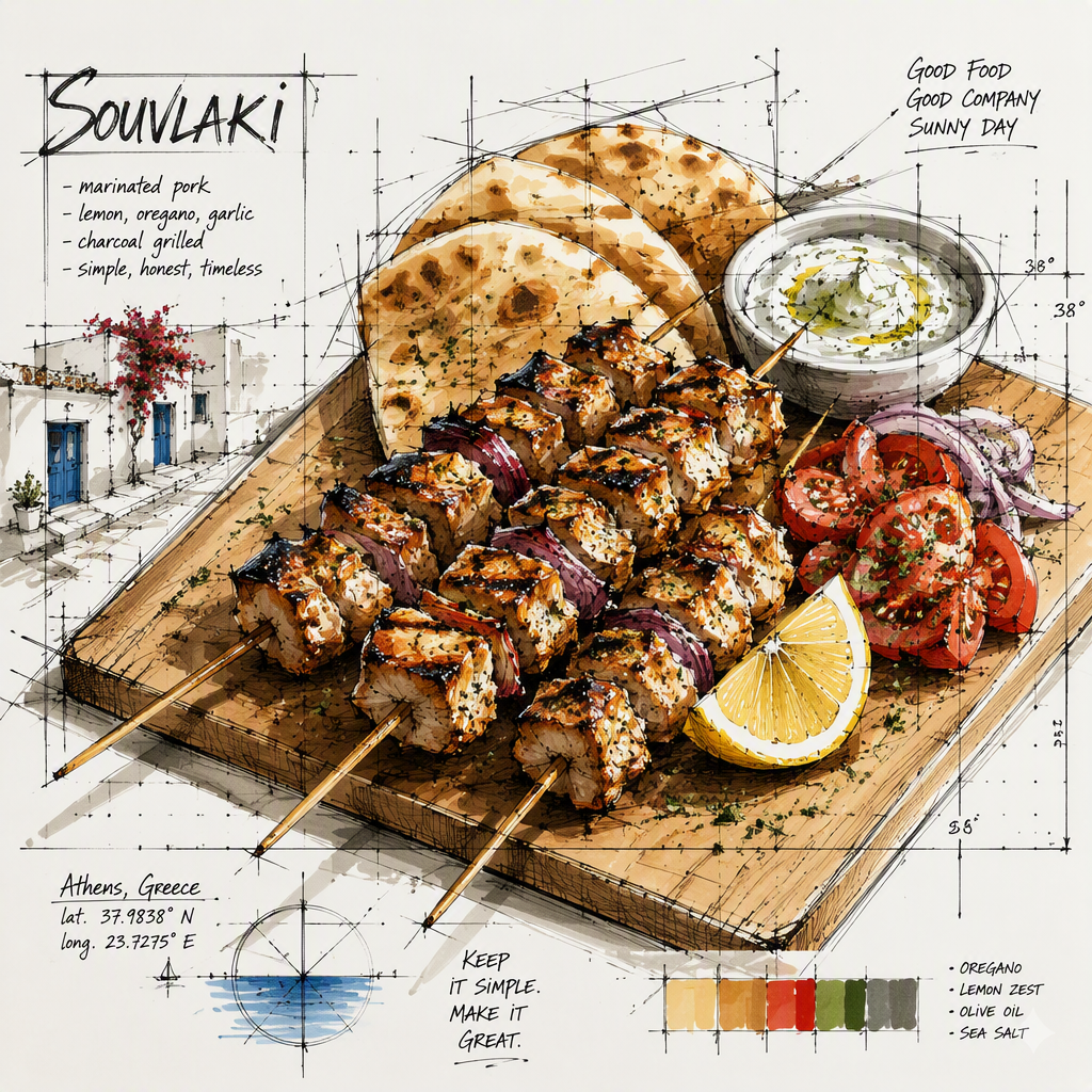 Grillattuja souvlaki-vartaita tarjoiltuna pitaleivän ja vihannesten kanssa