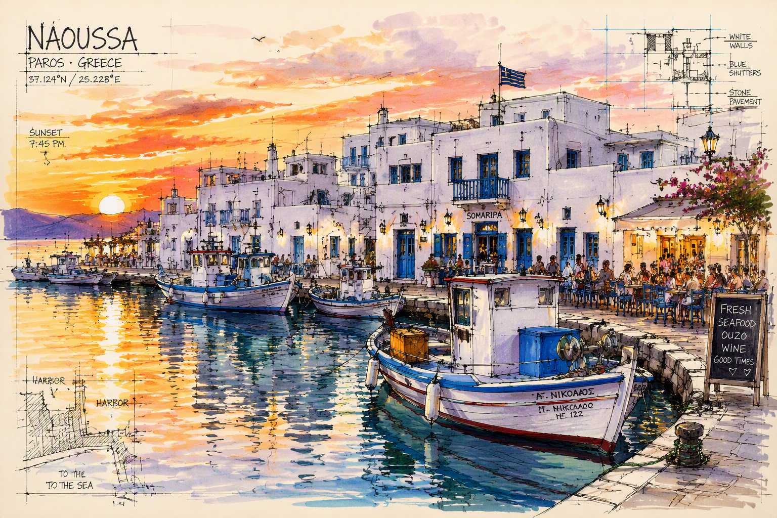 Naoussan satama auringonlaskun aikaan