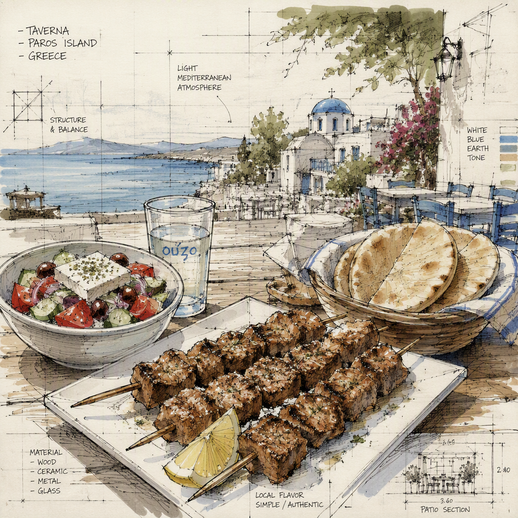 Perinteinen kreikkalainen souvlaki-annos ja tuoreet lisukkeet