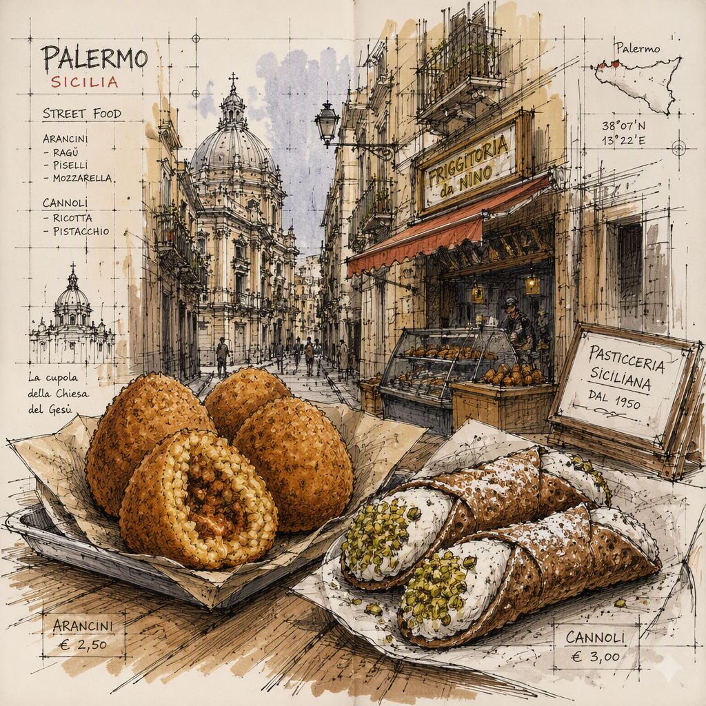 Sisilialaisia arancini-riisipalloja ja cannoli-leivonnaisia puisella pöydällä