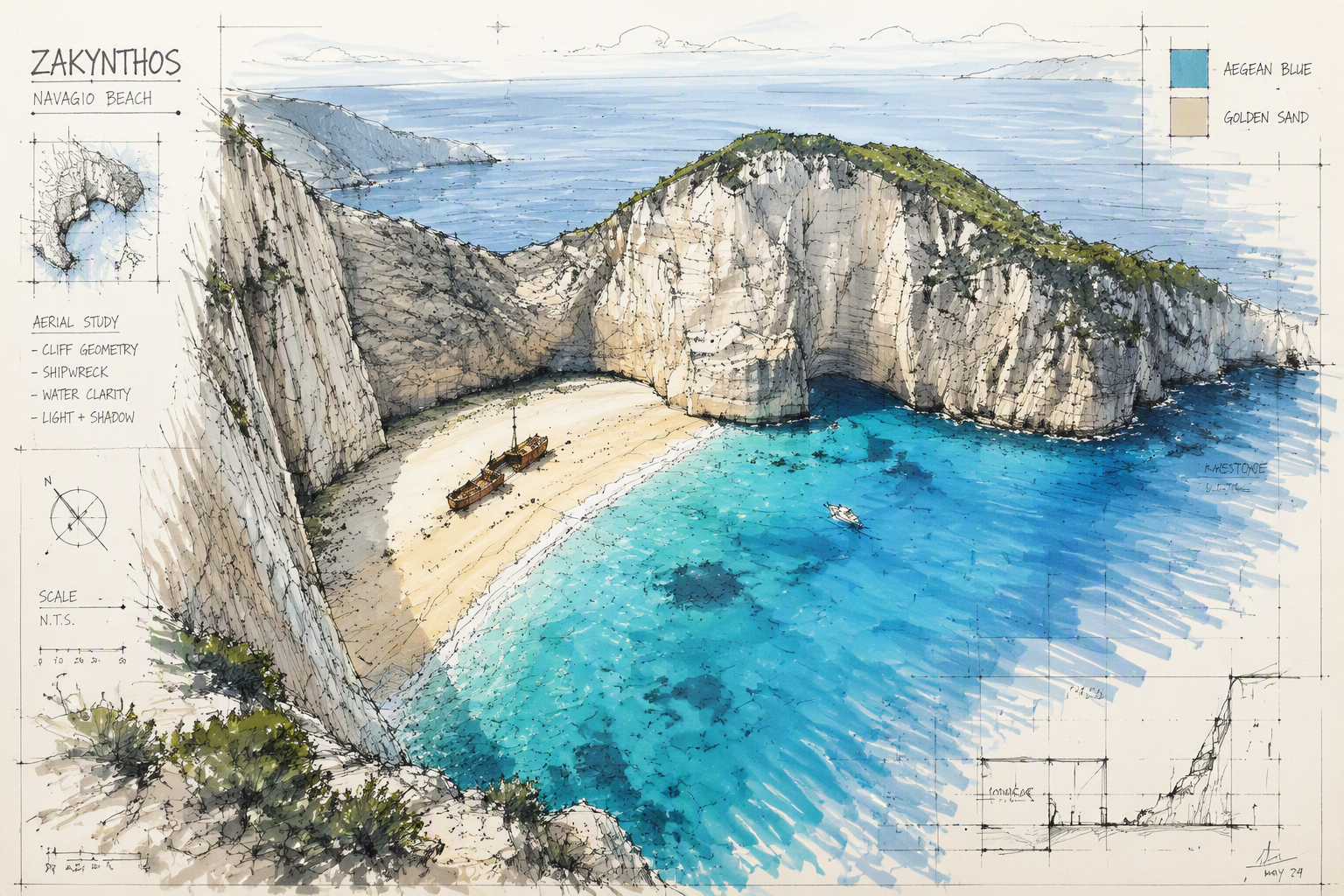 Navagio-ranta ja hylky jyrkkien kallioiden välissä