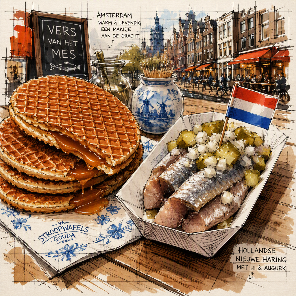 Perinteisiä hollantilaisia stroopwafel-keksejä ja silliä puupöydällä