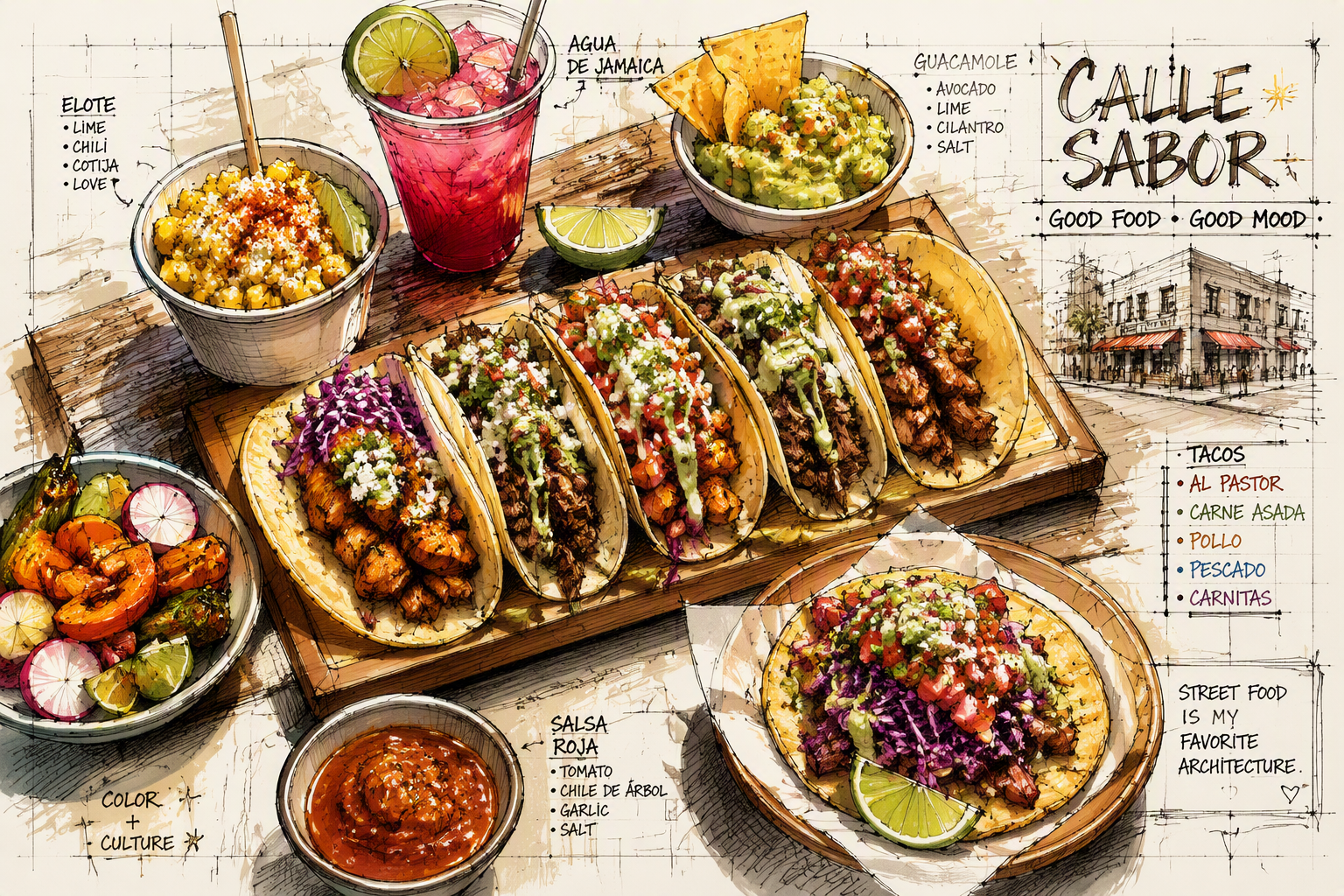 Monipuolisia gourmet-tacoja ja katuruokaa puisella pöydällä Monipuolisia gourmet-tacoja ja katuruokaa puisella pöydällä