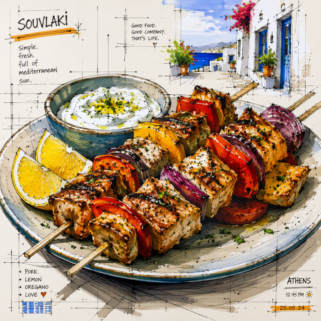 Grillattuja souvlaki-vartaita lautasella Grillattuja souvlaki-vartaita lautasella