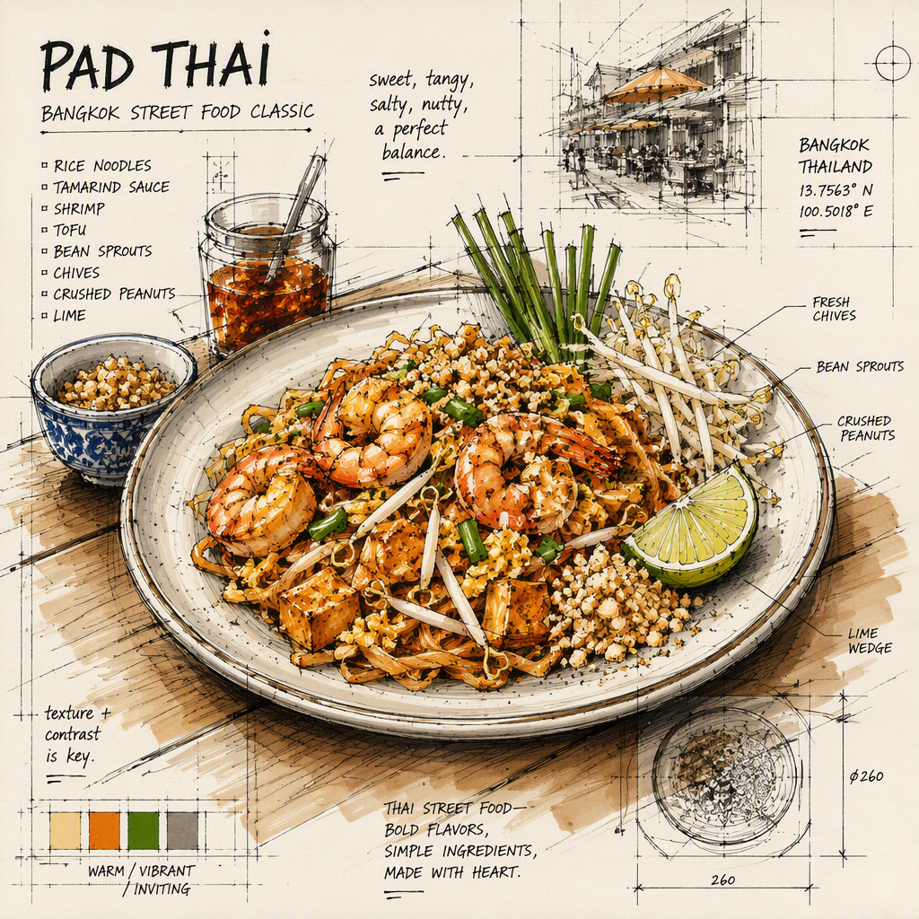 Tuoretta thaimaalaista Pad Thai -nuudeliannosta lautasella