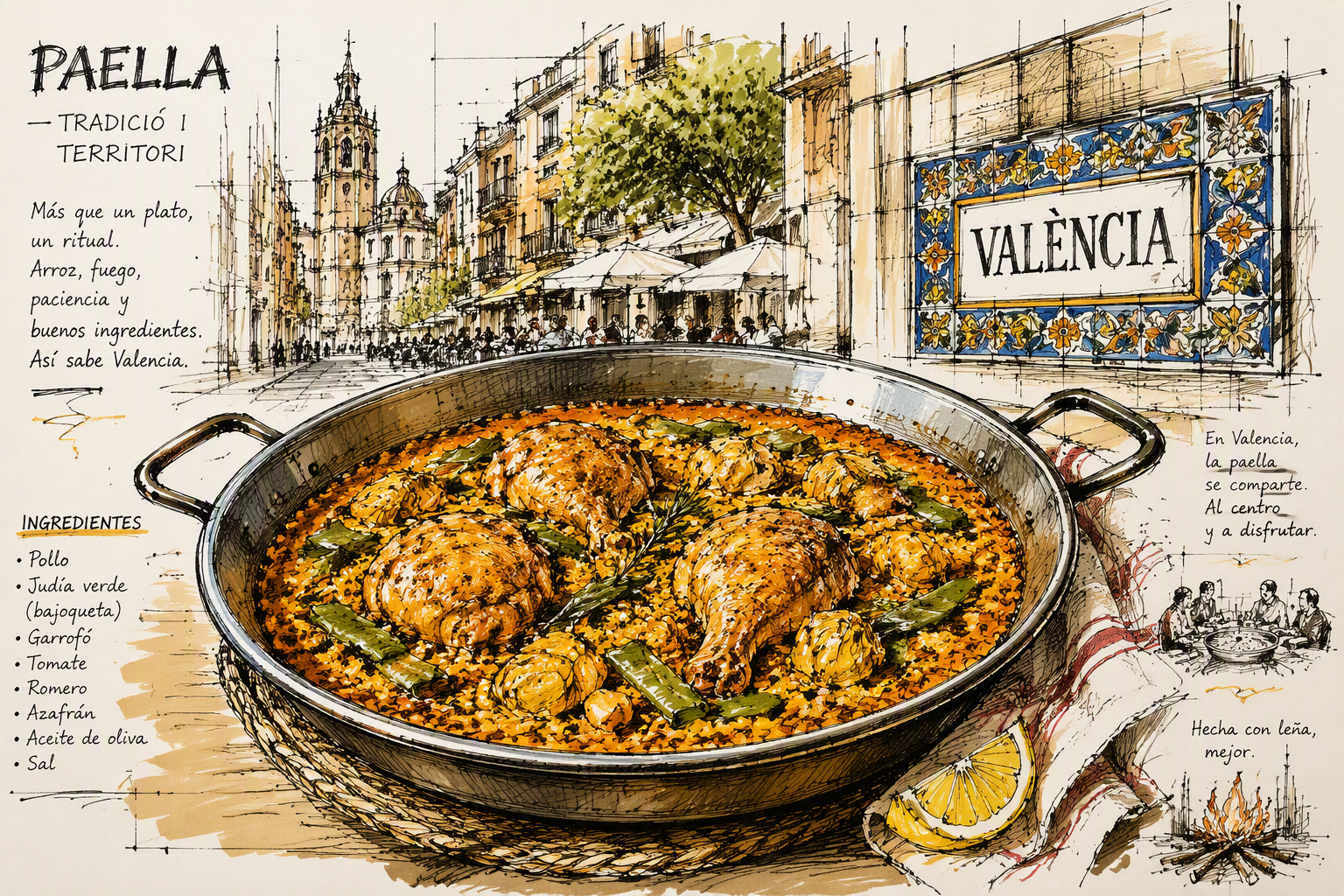 Perinteinen valencialainen paella tarjoiltuna laakeassa pannussa