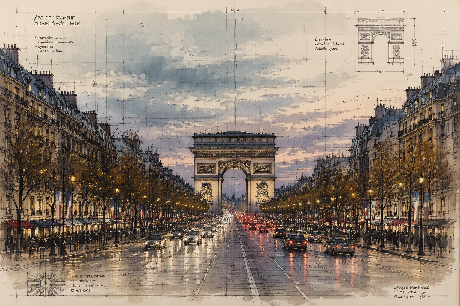 Riemukaari iltavalaistuksessa Champs-Élysées-kadun päässä Riemukaari iltavalaistuksessa Champs-Élysées-kadun päässä
