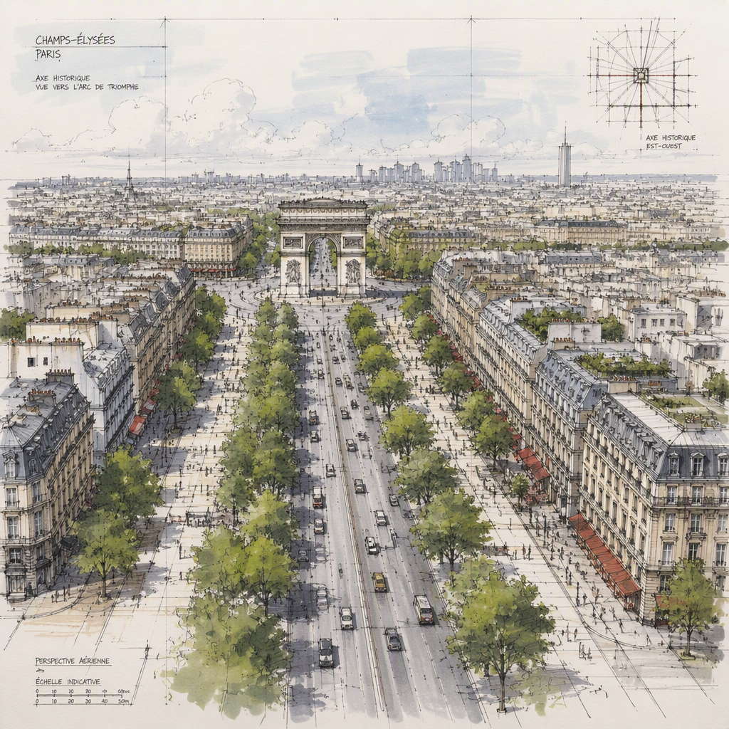 Vilkas Champs-Élysées-bulevardi johtaa kohti Riemukaarta