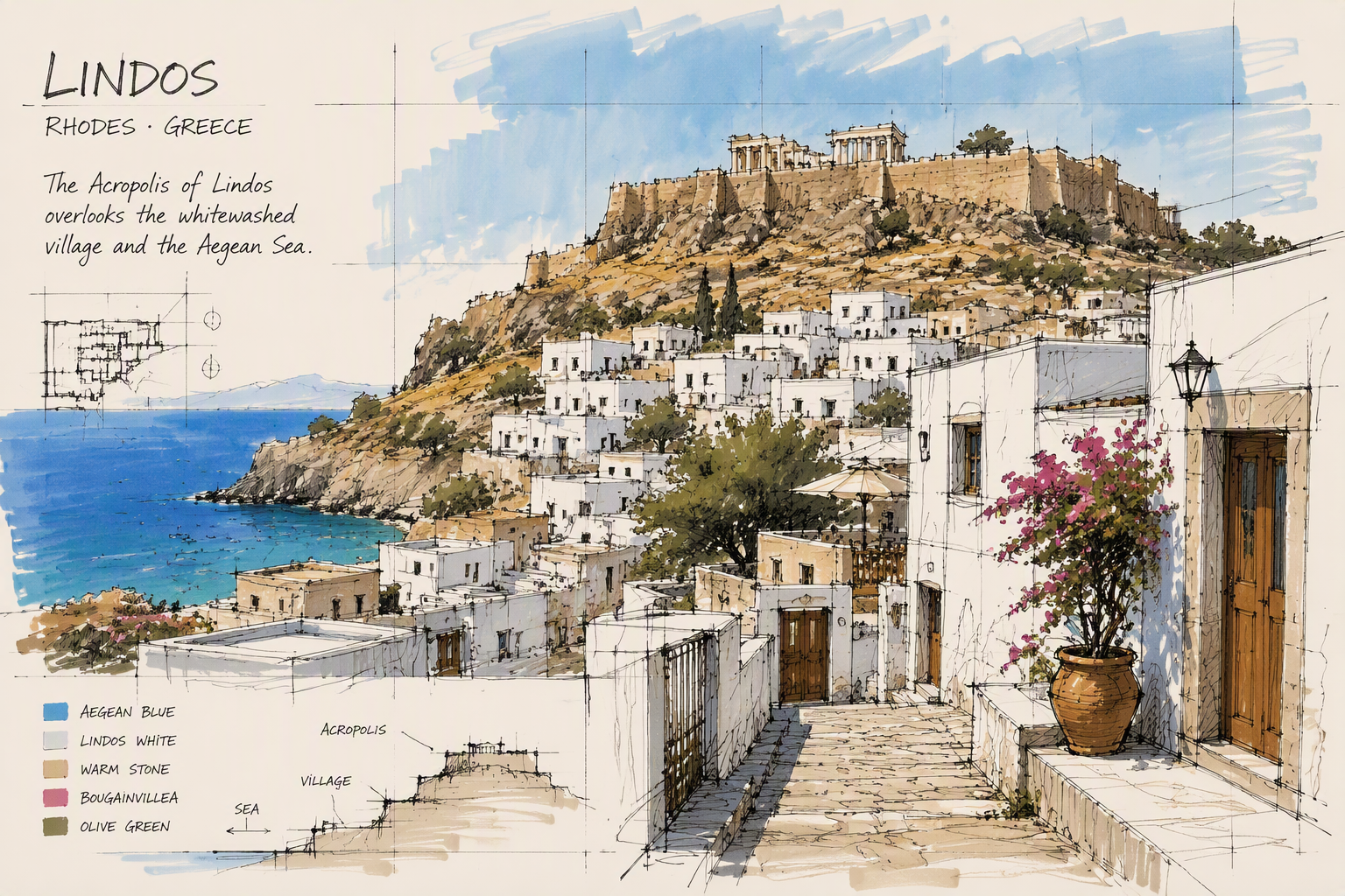Valkoisia taloja ja Lindoksen akropolis kukkulalla Valkoisia taloja ja Lindoksen akropolis kukkulalla