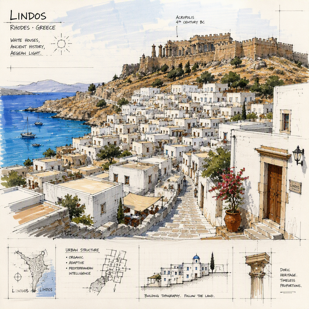 Lindoksen valkoiset talot ja akropolis Egeanmeren yllä Lindoksen valkoiset talot ja akropolis Egeanmeren yllä