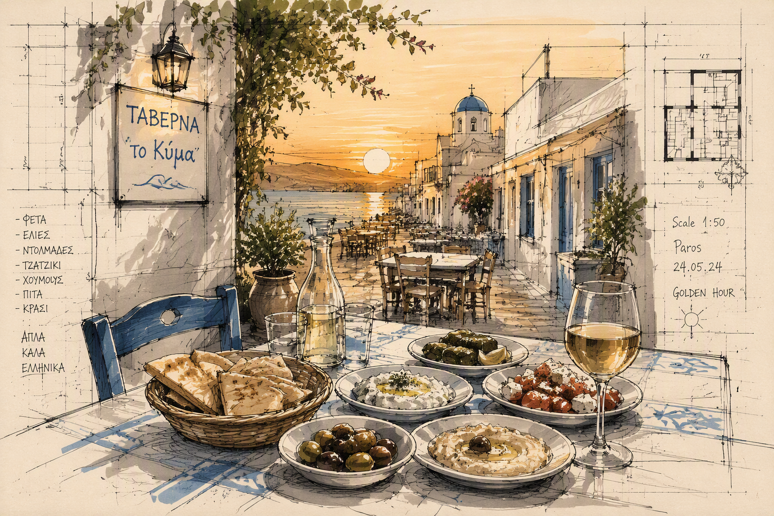 Kreikkalainen kattaus tavernan pöydässä auringonlaskun aikaan