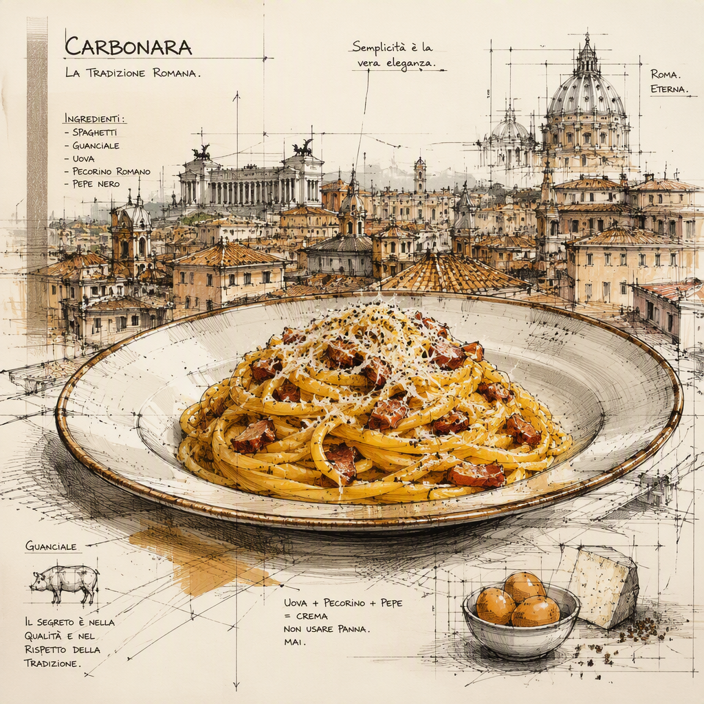 Perinteinen roomalainen carbonara-pasta lautasella Perinteinen roomalainen carbonara-pasta lautasella