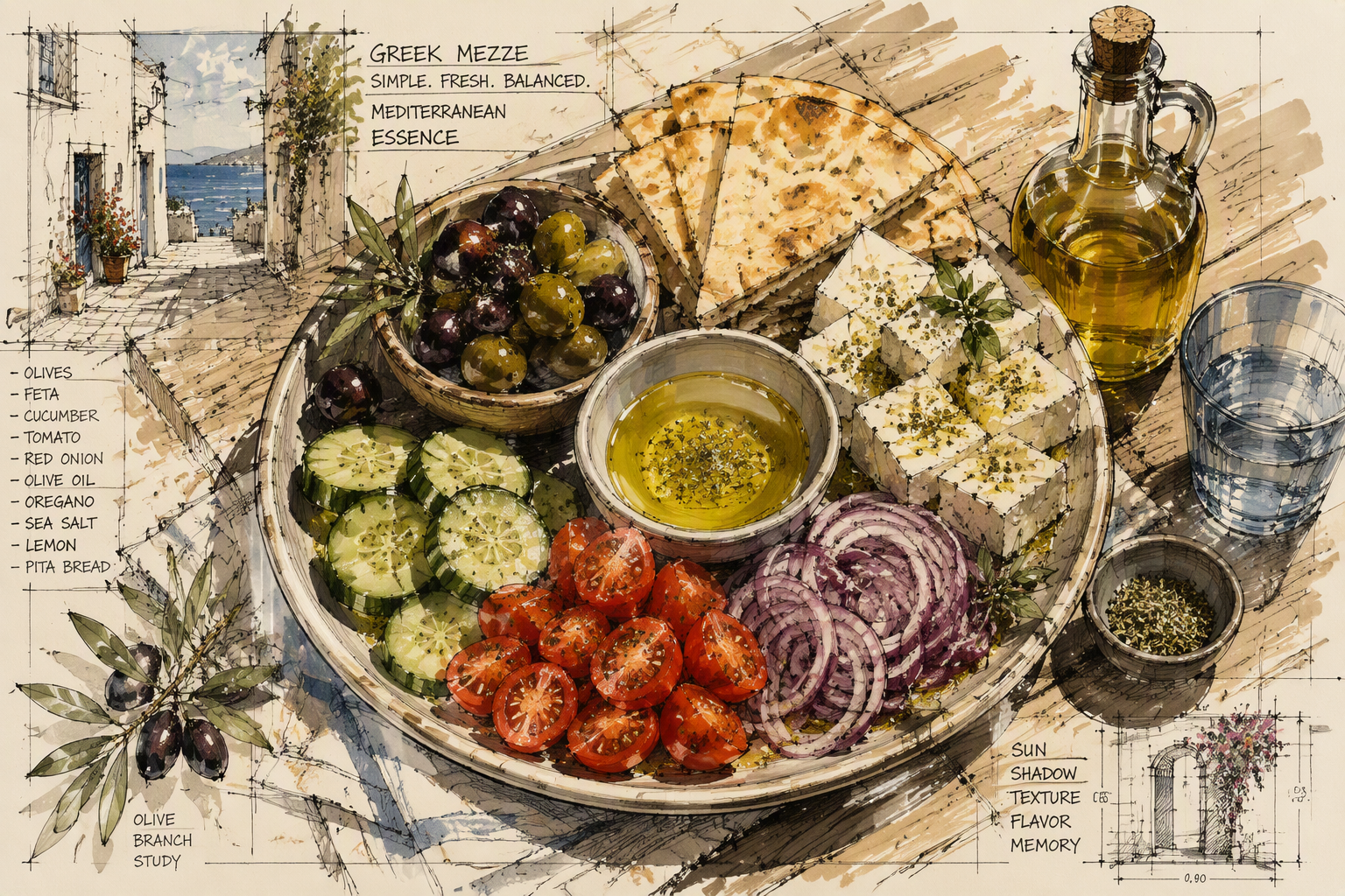 Perinteinen kreikkalainen mezze-lajitelma oliiveja ja vihanneksia