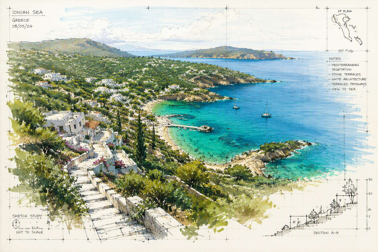 Samos-saaren vehreä rannikko turkoosilla merellä