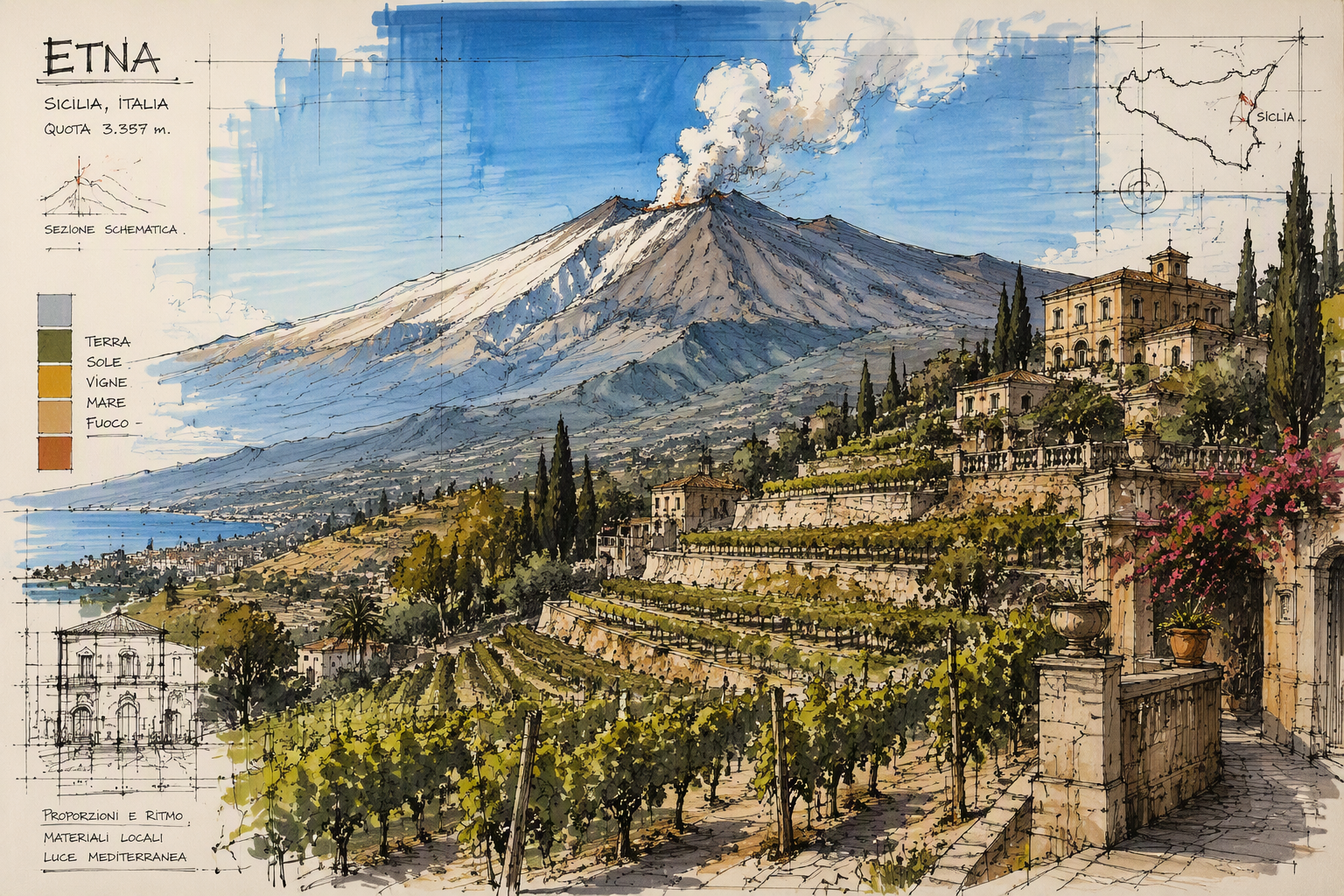 Etna-tulivuori ja sen rinteillä sijaitsevat viinitilat