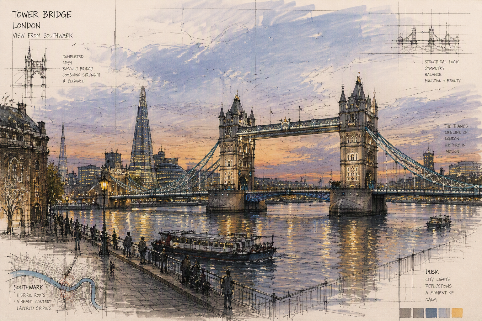 Tower Bridge ylittää Thames-joen hämärässä Tower Bridge ylittää Thames-joen hämärässä