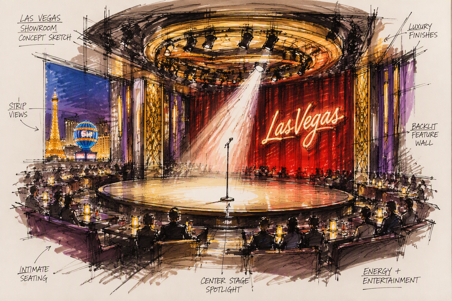 Valaistu stand-up-lava Las Vegasin kasinolla