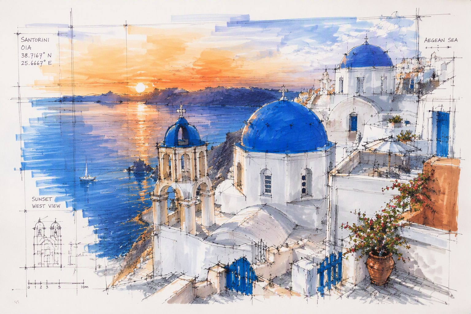 Valkoisia rakennuksia ja sinisiä kupoleita Santorinilla auringonlaskun aikaan Valkoisia rakennuksia ja sinisiä kupoleita Santorinilla auringonlaskun aikaan