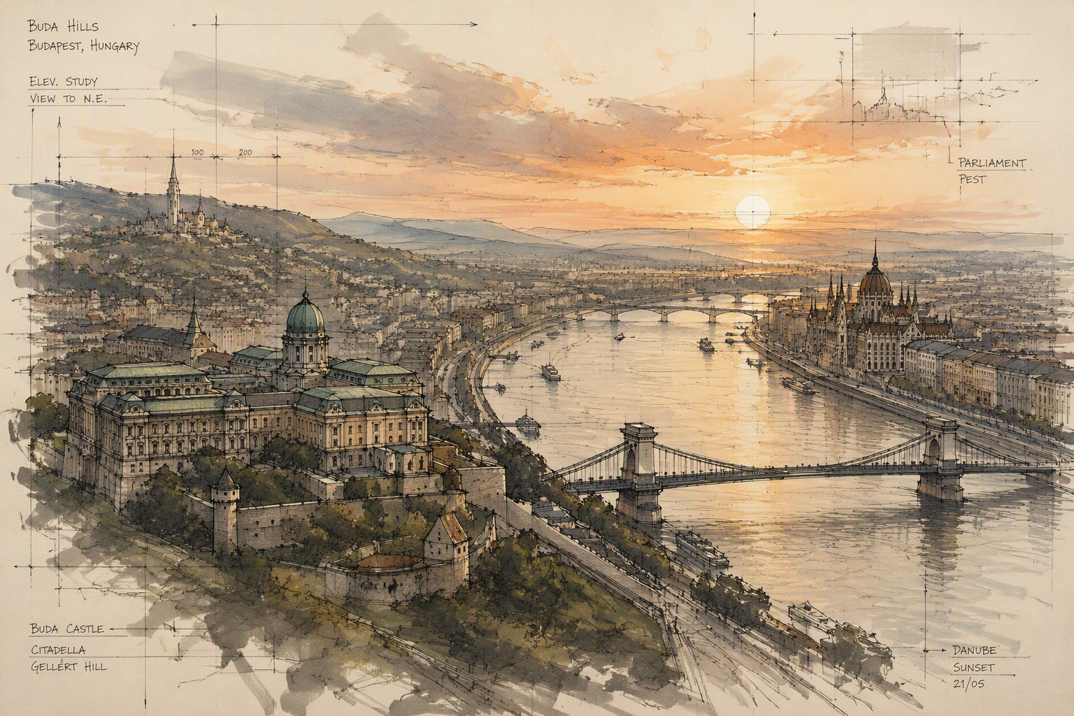 Budapestin kukkuloiden ja Tonavan maisema auringonlaskun aikaan Budapestin kukkuloiden ja Tonavan maisema auringonlaskun aikaan