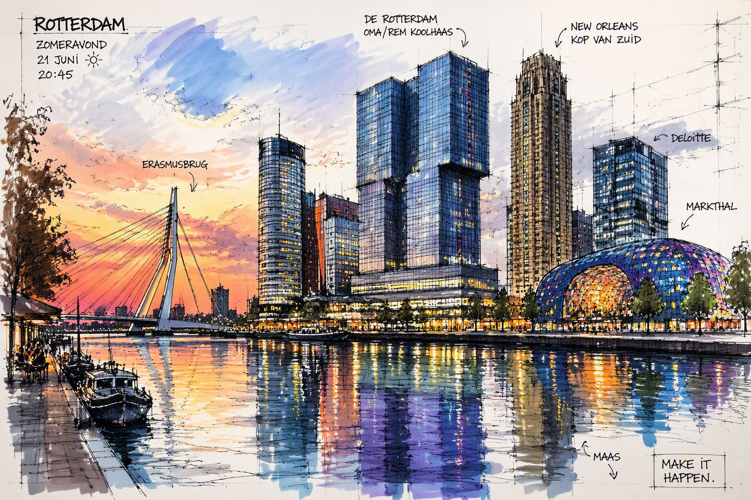 Rotterdamin moderni kaupunkikuva iltahämärässä