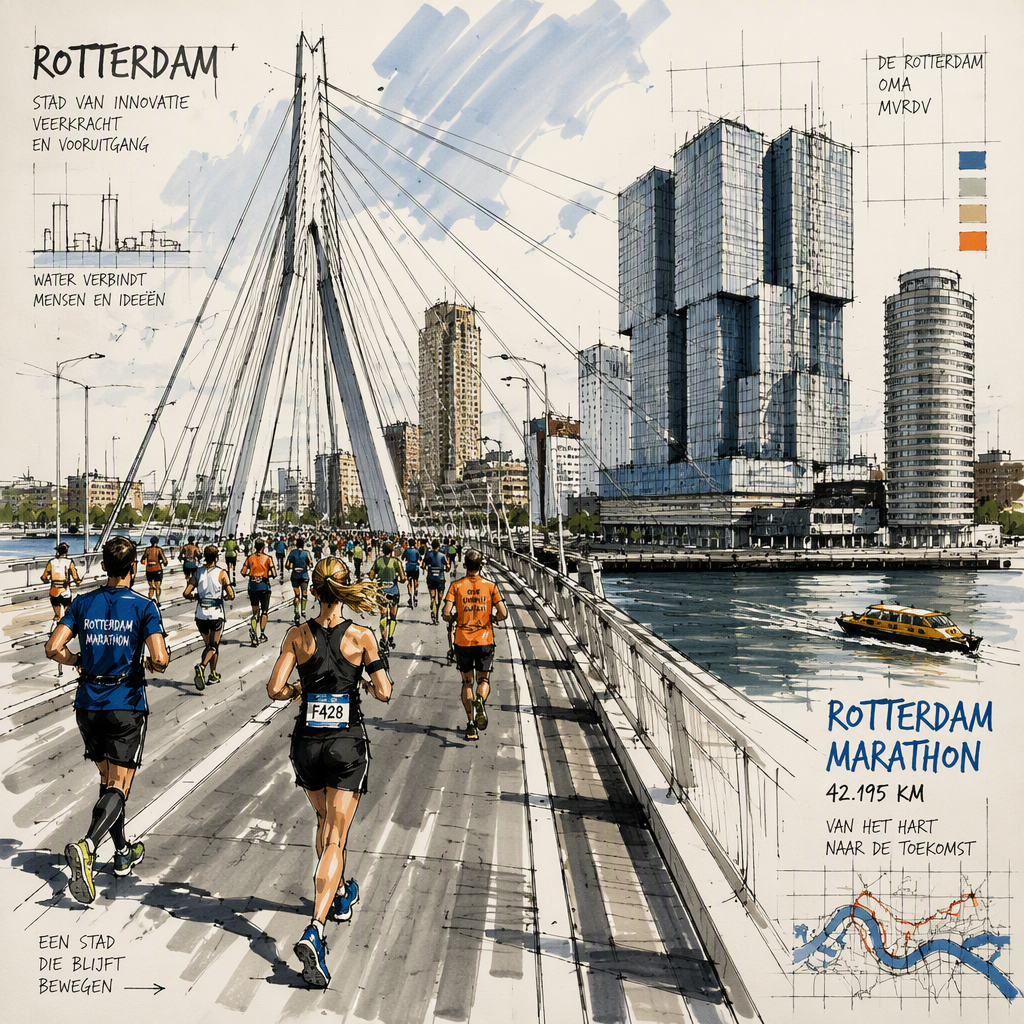 Juoksijoita Rotterdam Marathonilla kaupungin keskustassa
