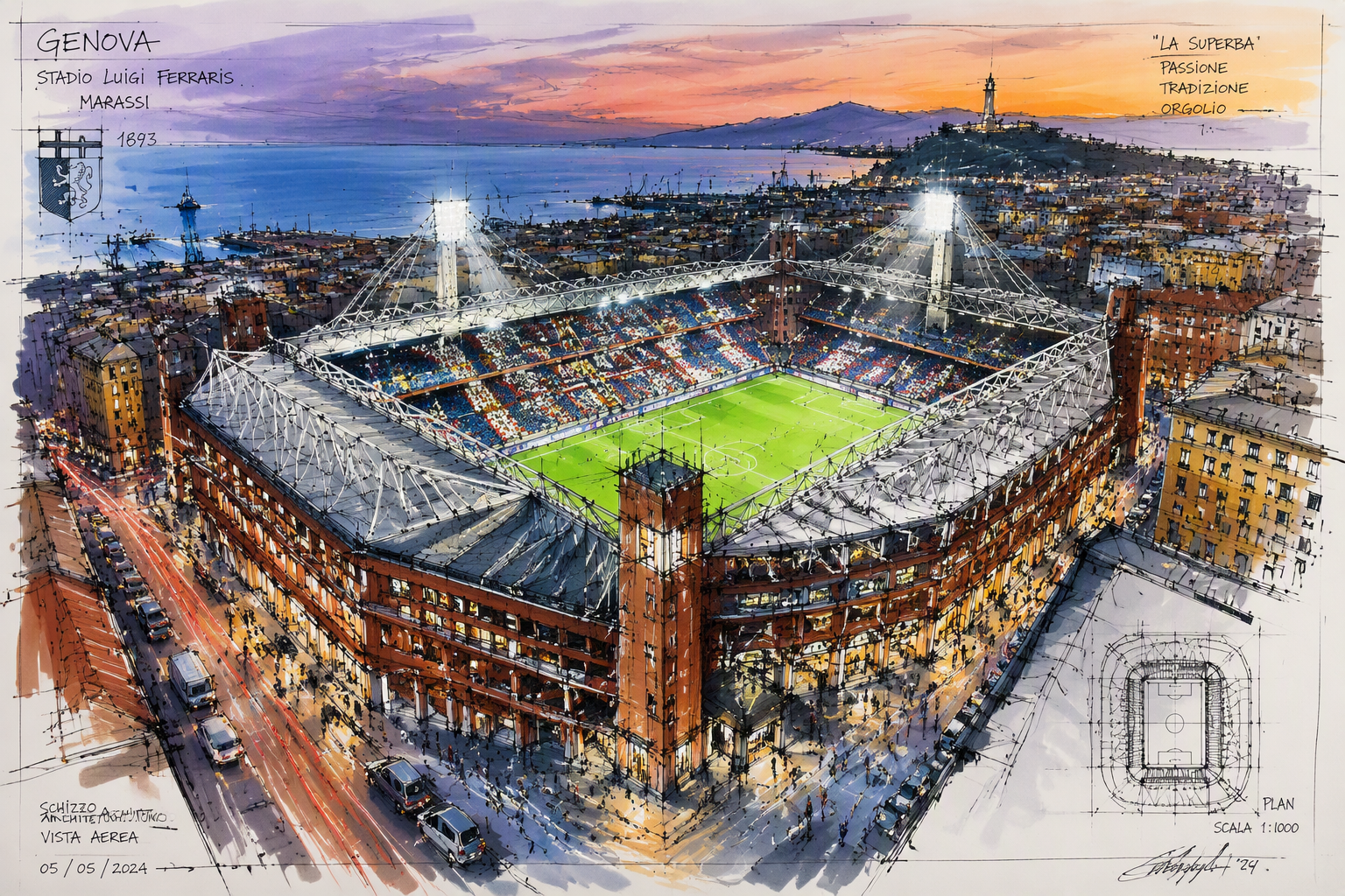 Jalkapallostadion Napolissa iltavalaistuksessa Jalkapallostadion Napolissa iltavalaistuksessa