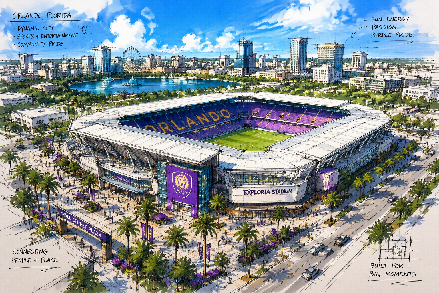 Moderni urheilustadion Orlandossa aurinkoisena päivänä