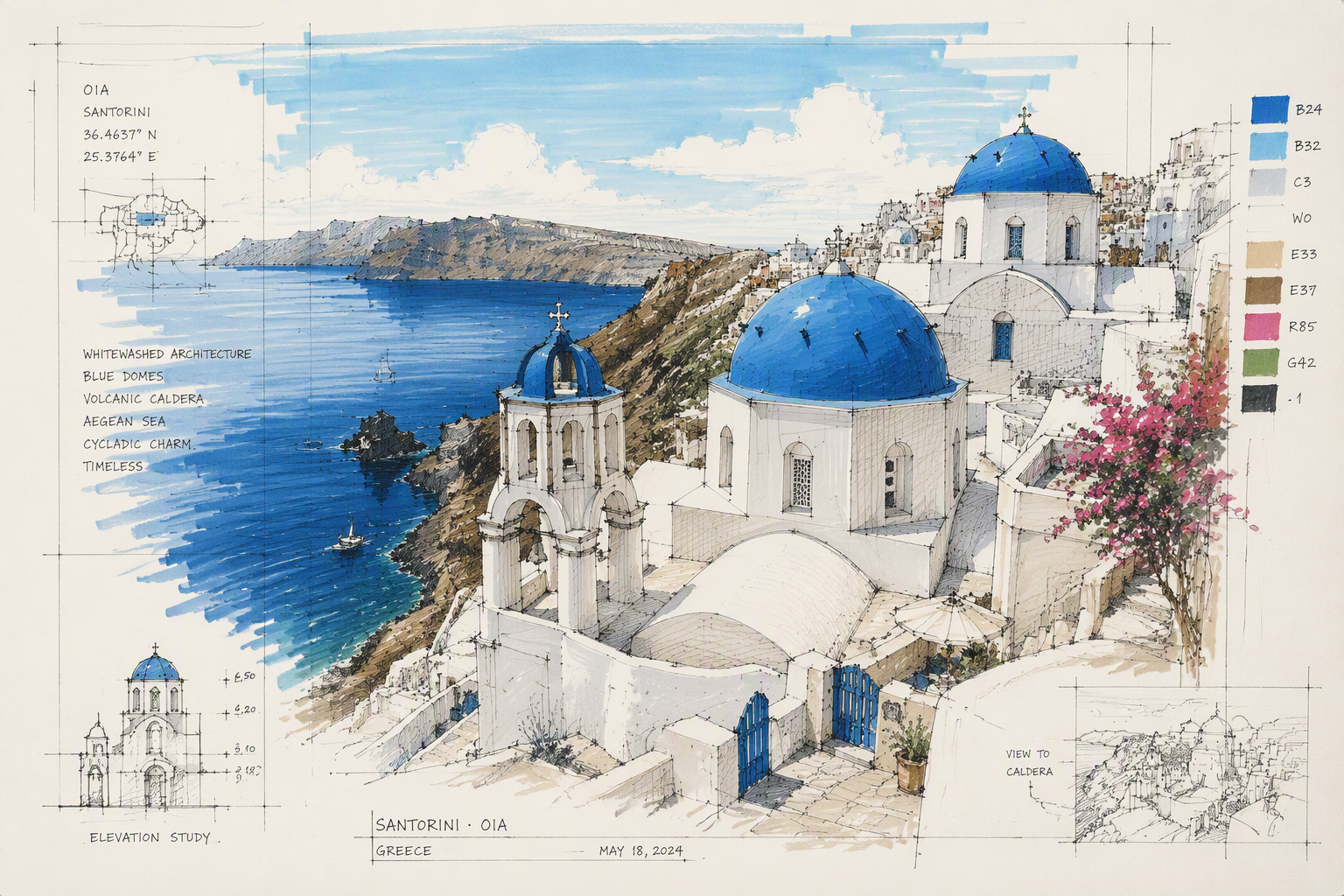 Valkoisia rakennuksia ja sinisiä kupoleita Santorinin maisemissa