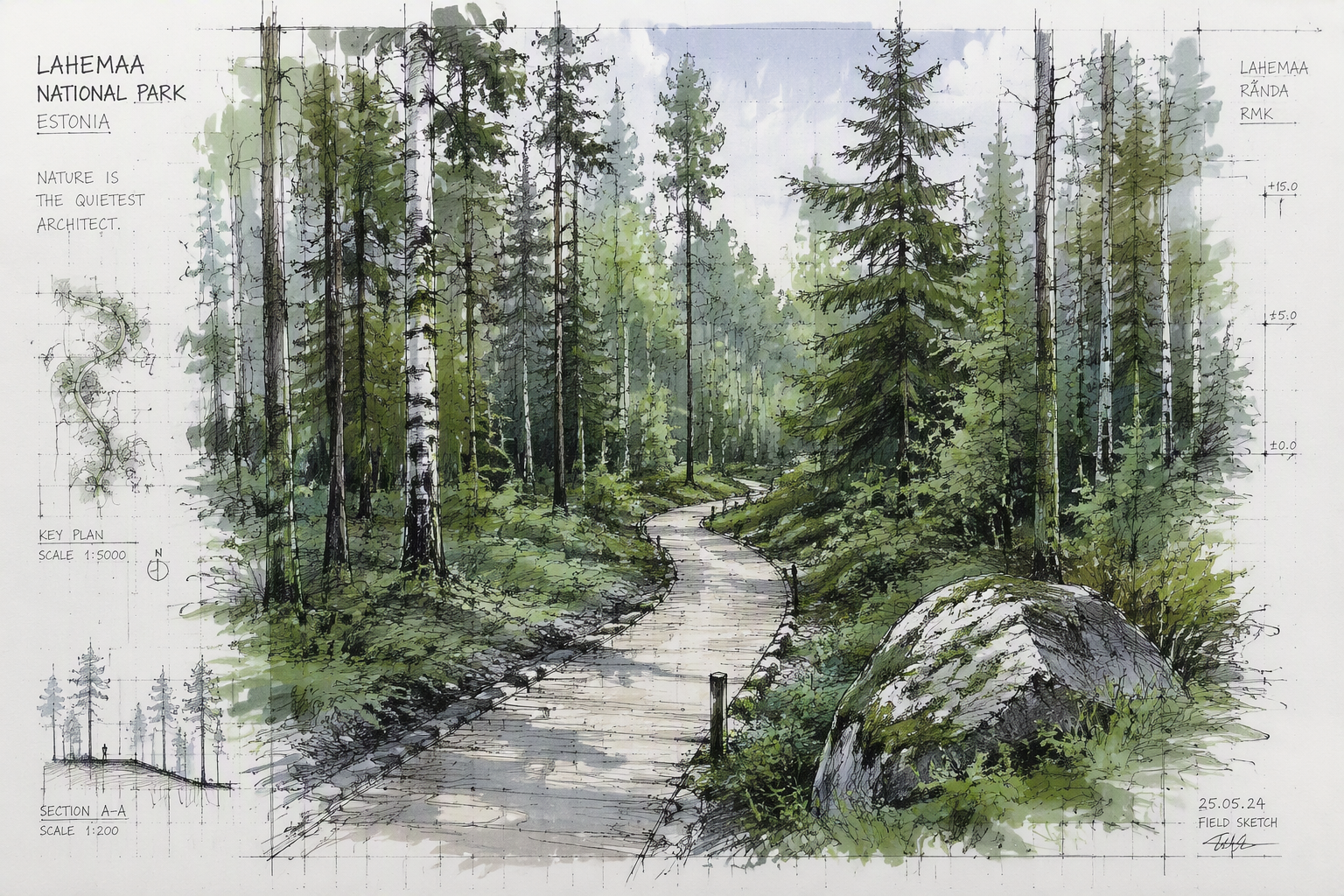 Polku Lahemaan kansallispuiston metsämaisemissa Polku Lahemaan kansallispuiston metsämaisemissa
