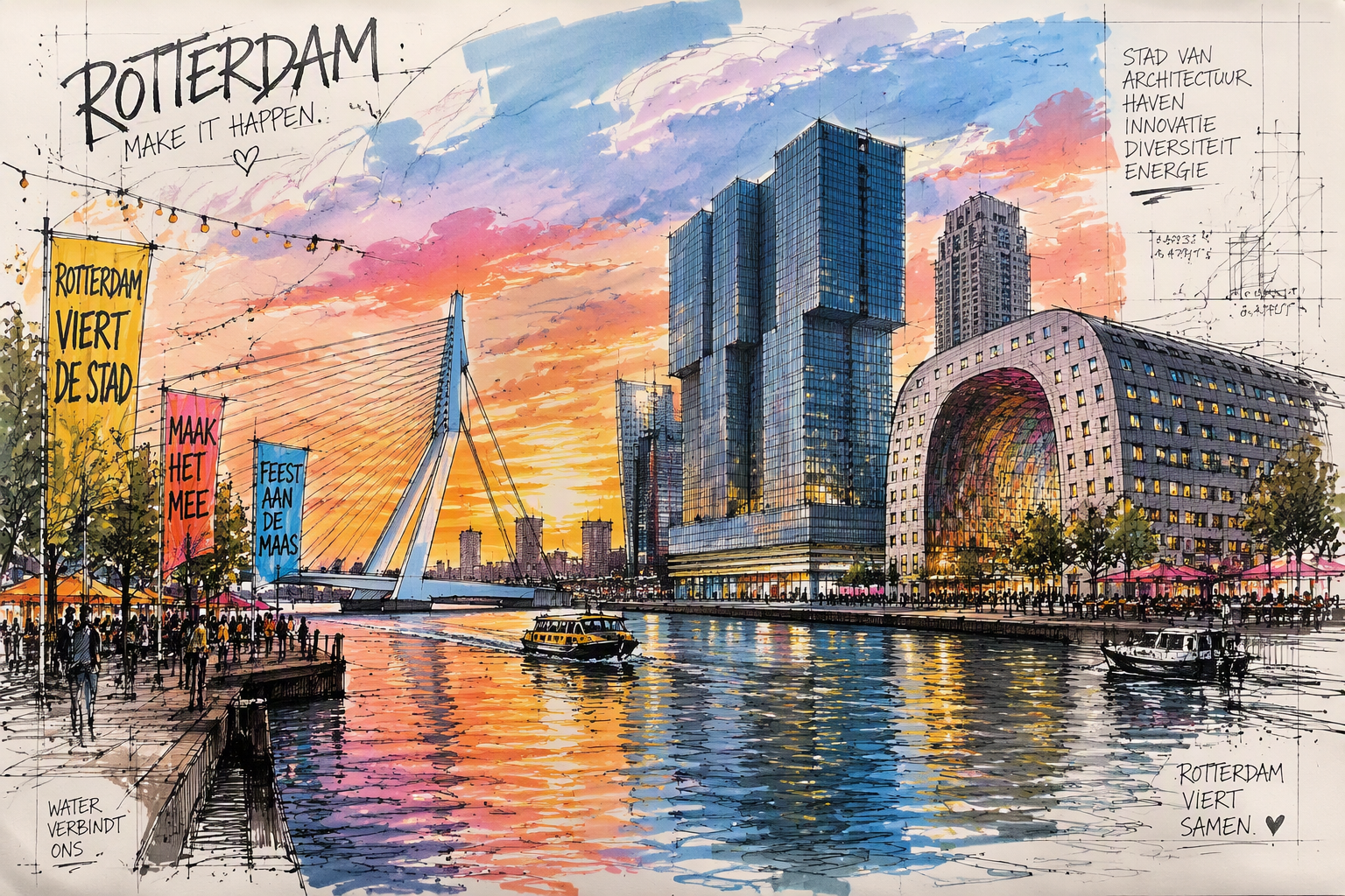 Rotterdamin moderni kaupunkikuva iltavalaistuksessa