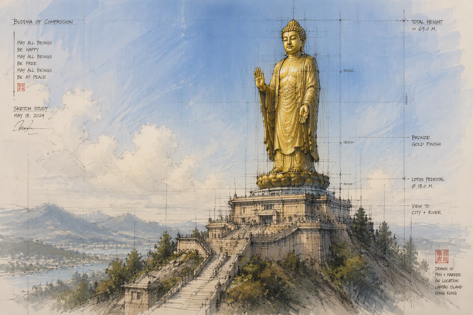 Kultainen Buddha-patsas kukkulan huipulla