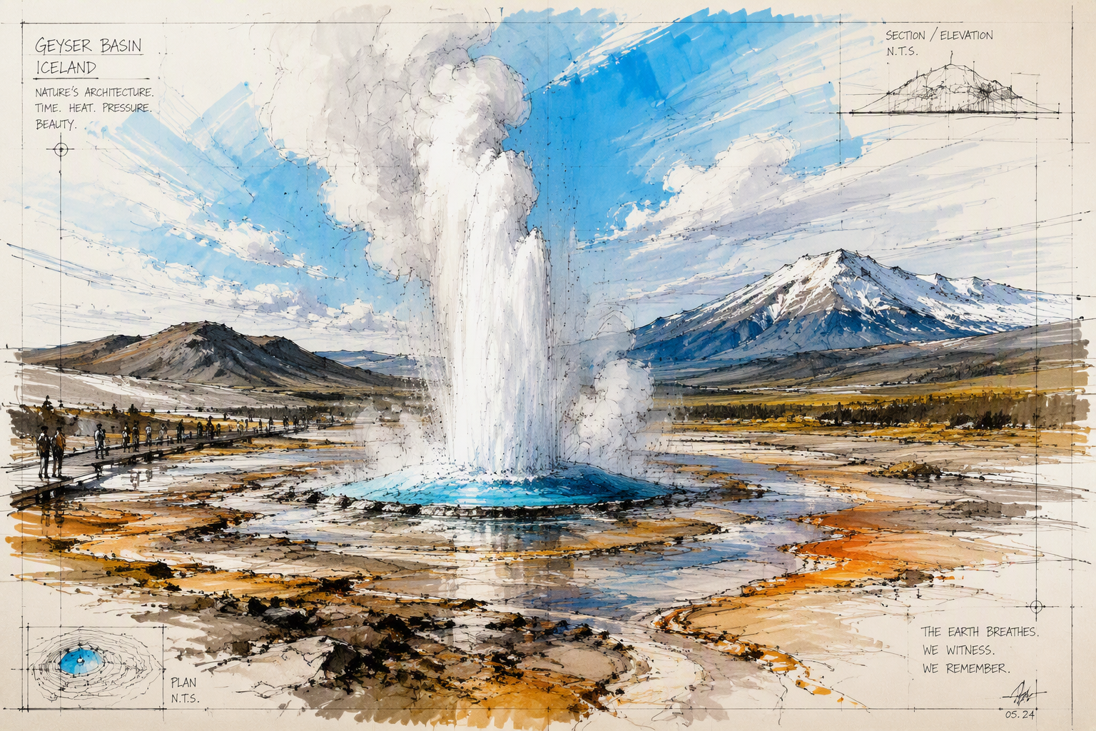 Höyryävä geysir purkautuu upeassa vuoristomaisemassa