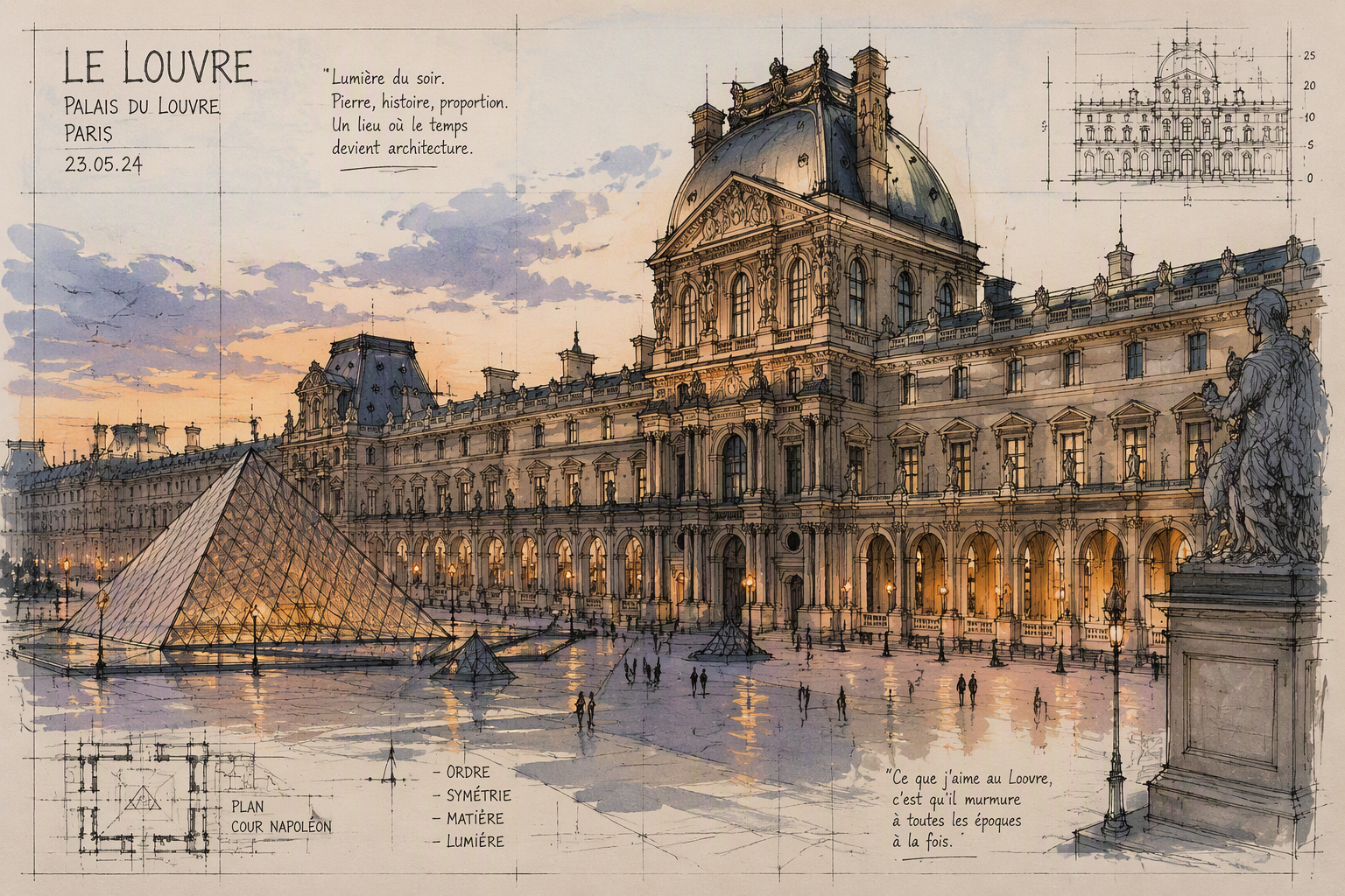 Louvre-museon historiallinen palatsirakennus iltavalaistuksessa