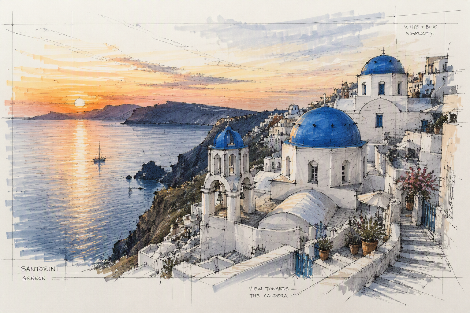 Valkoiset rakennukset ja siniset kupolit Santorinin rinteillä Valkoiset rakennukset ja siniset kupolit Santorinin rinteillä